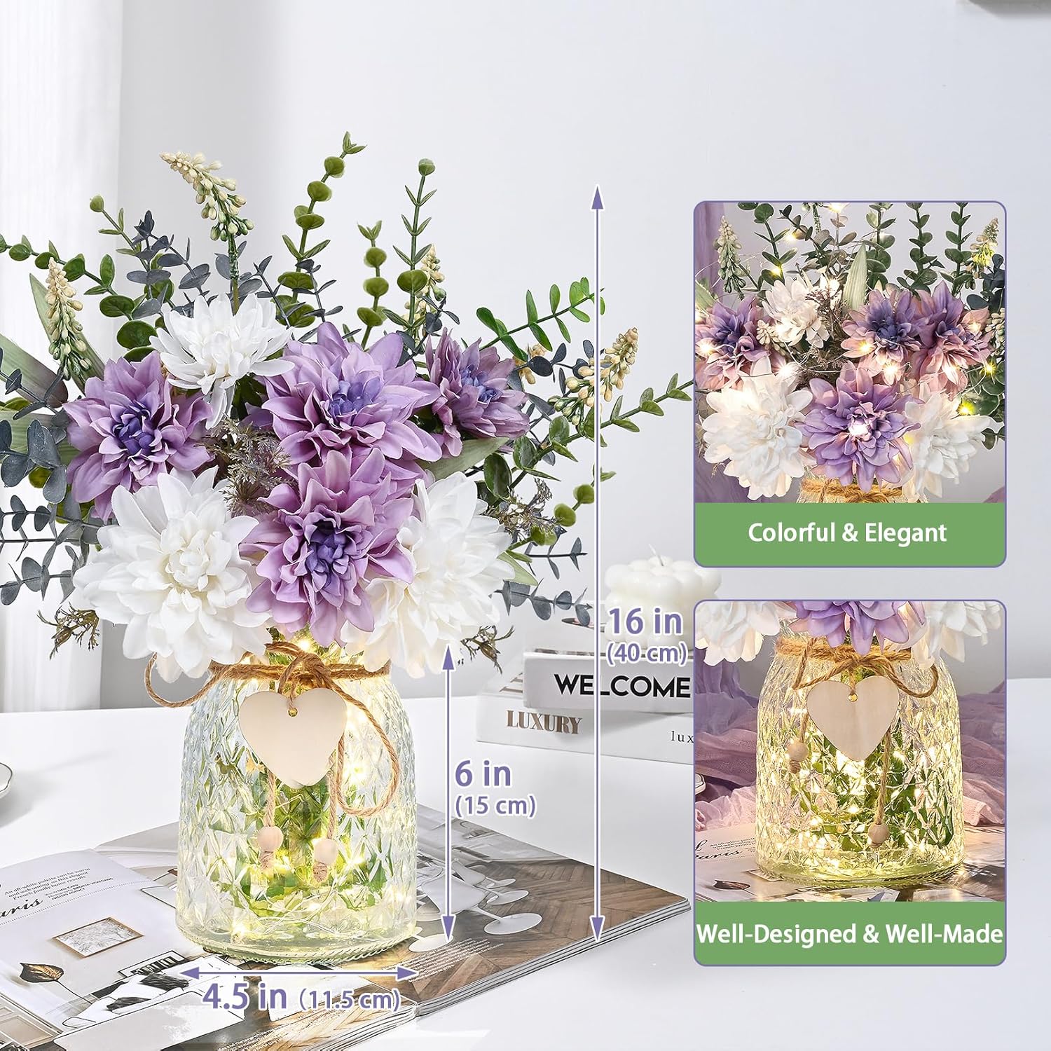 MARTINE MALL Fake Flowers in Vase with Lights, Faux Flowers in Vase, Dahlia Artificial Flowers in Vase Centerpiece Table Decorations Artificial Flower Arrangement for Home Dining Room Farmhouse - Image 3