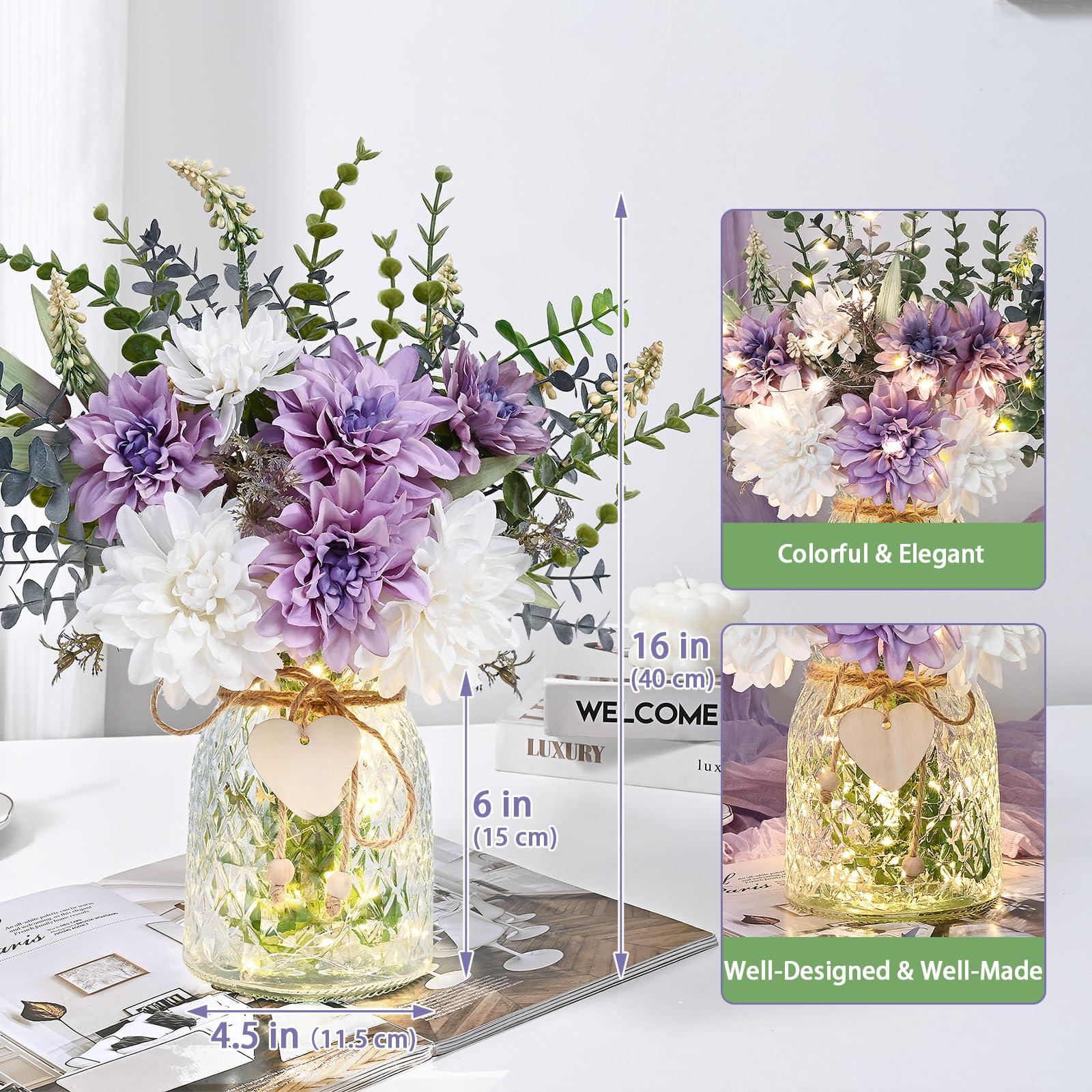 Hbluefat Composizione Di Fiori Finti In Seta Con Vaso In Ceramica – Melograno Viola Per Centrotavola - 3