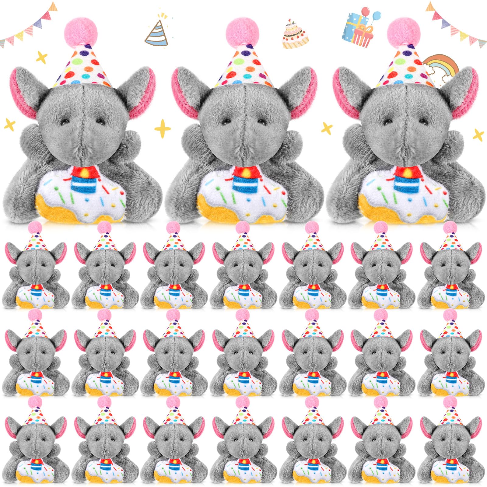 Gejoy 24 Pcs Birthday Mini Elephant Plush Keychains Set with Birthday Hats