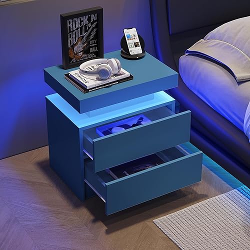 Miniatura 4 de Mesa auxiliar LED, moderna mesita de noche con almacenamiento y 3 luces LED, mesas auxiliares de 20.5 pulgadas de alto para dormitorio con 2