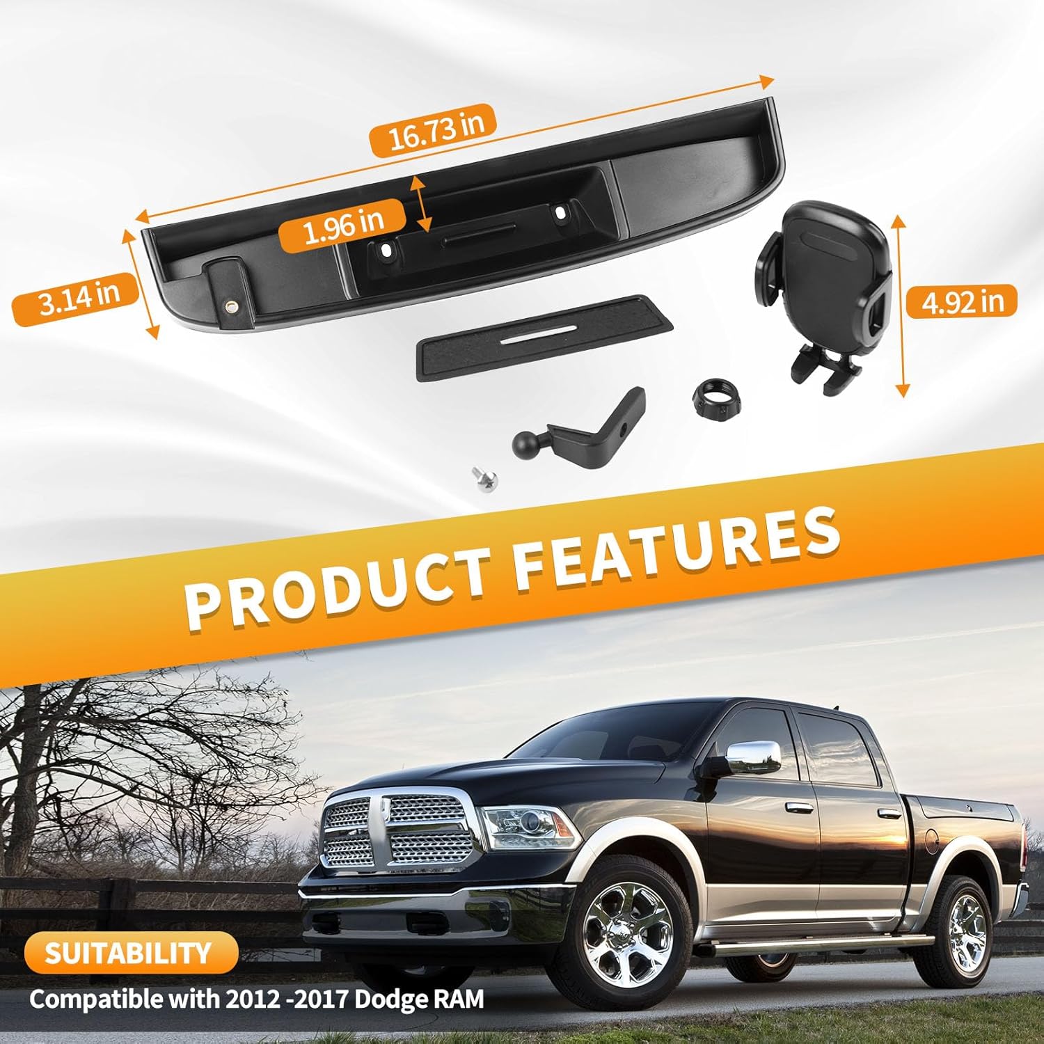 Multi-Mount Dash Phone Holder with Metal Rod for 2012-2017 Dodge RAM, Phone Mount Storage Tray Cellphone System Kit