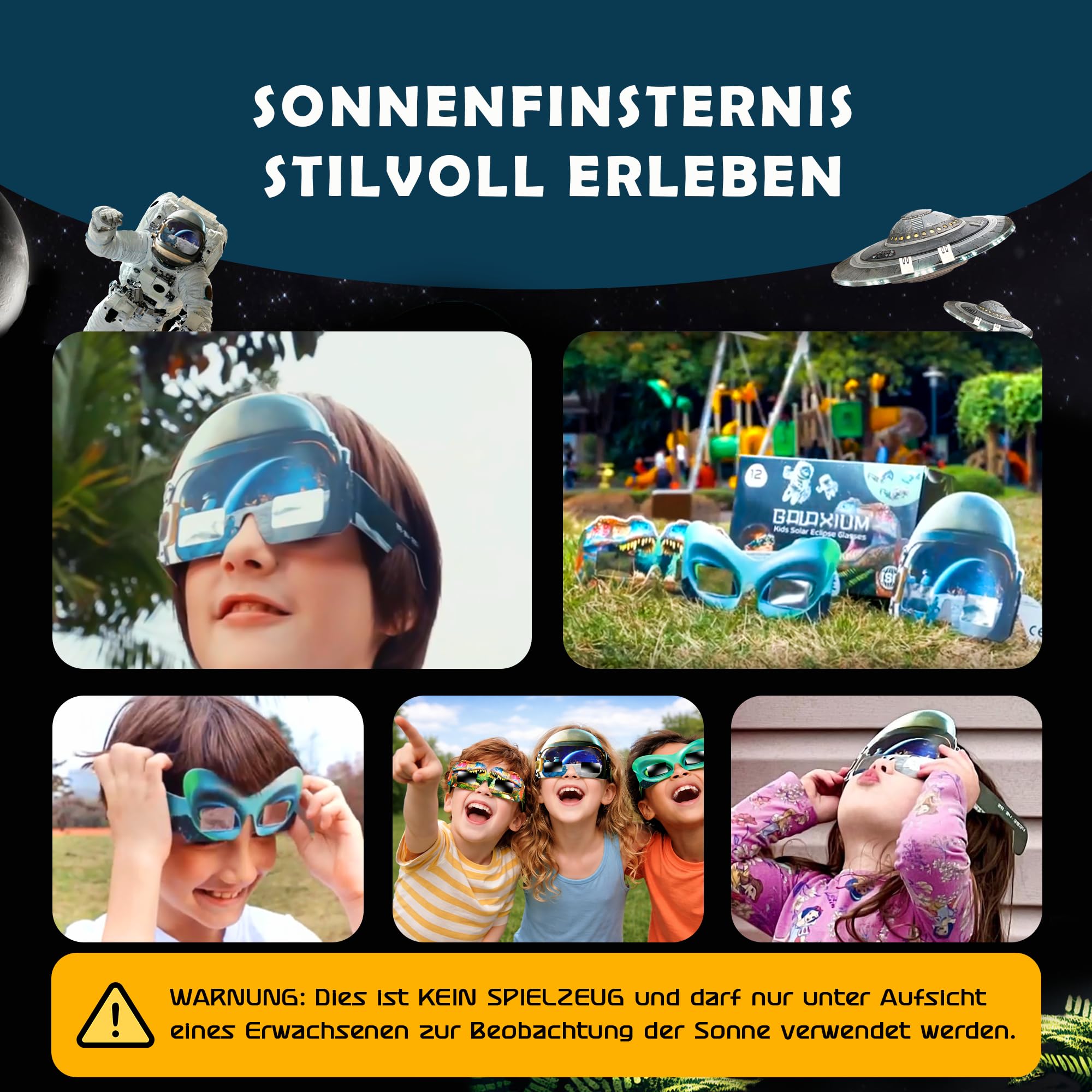 Galaxium Solar Eclipse Glasses Kids 2026 - [12 Pack] Mix Alien & Astronaut & Dinosaur Design - AAS Approved - ISO 12312-2 & CE Certfied - Boys Solar Eclipse Viewing Glasses