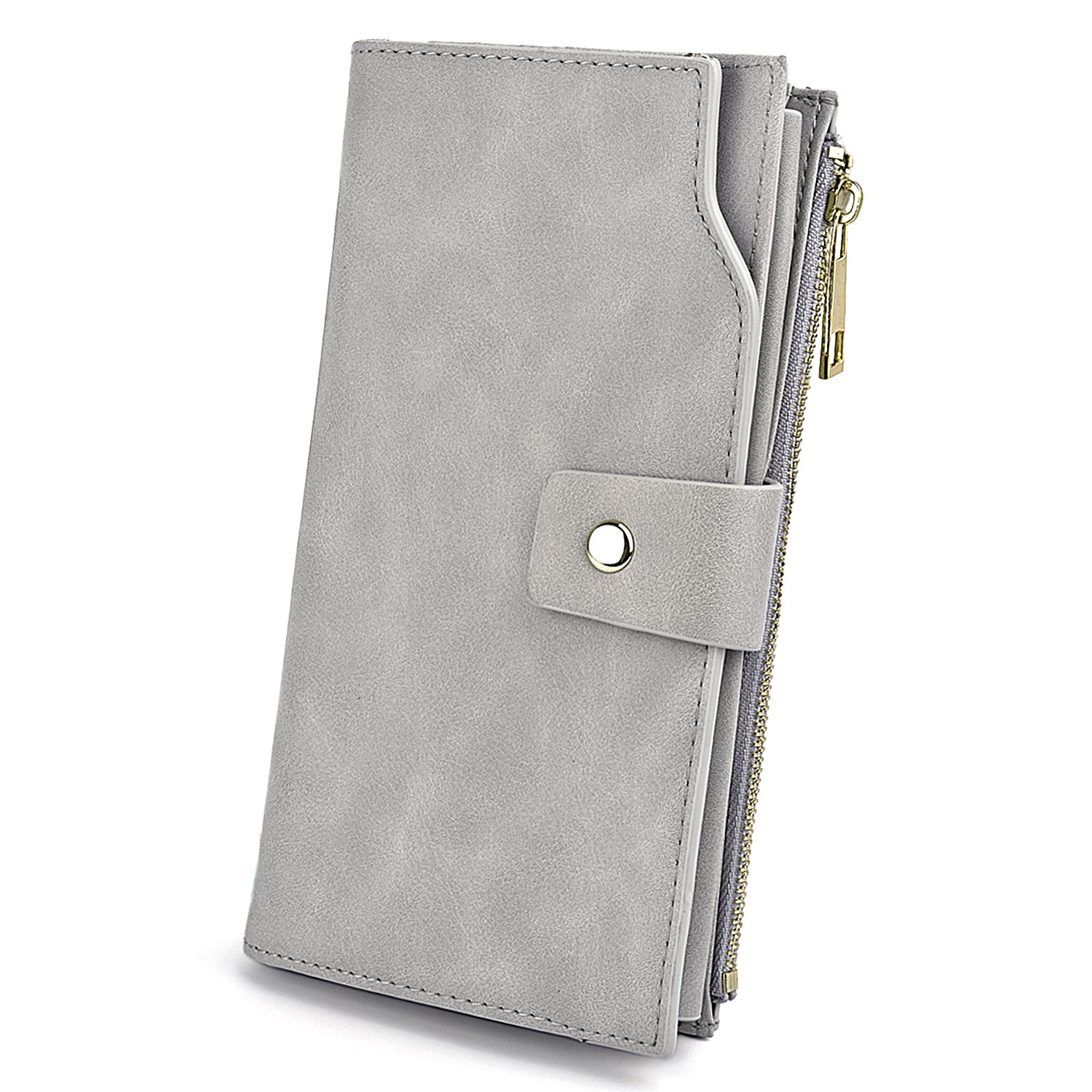 UTO Wallet for Women RFID Blocking Ladies Wristlet Purse 21 Card Slots Phone Pocket Synthetic Leather Grey