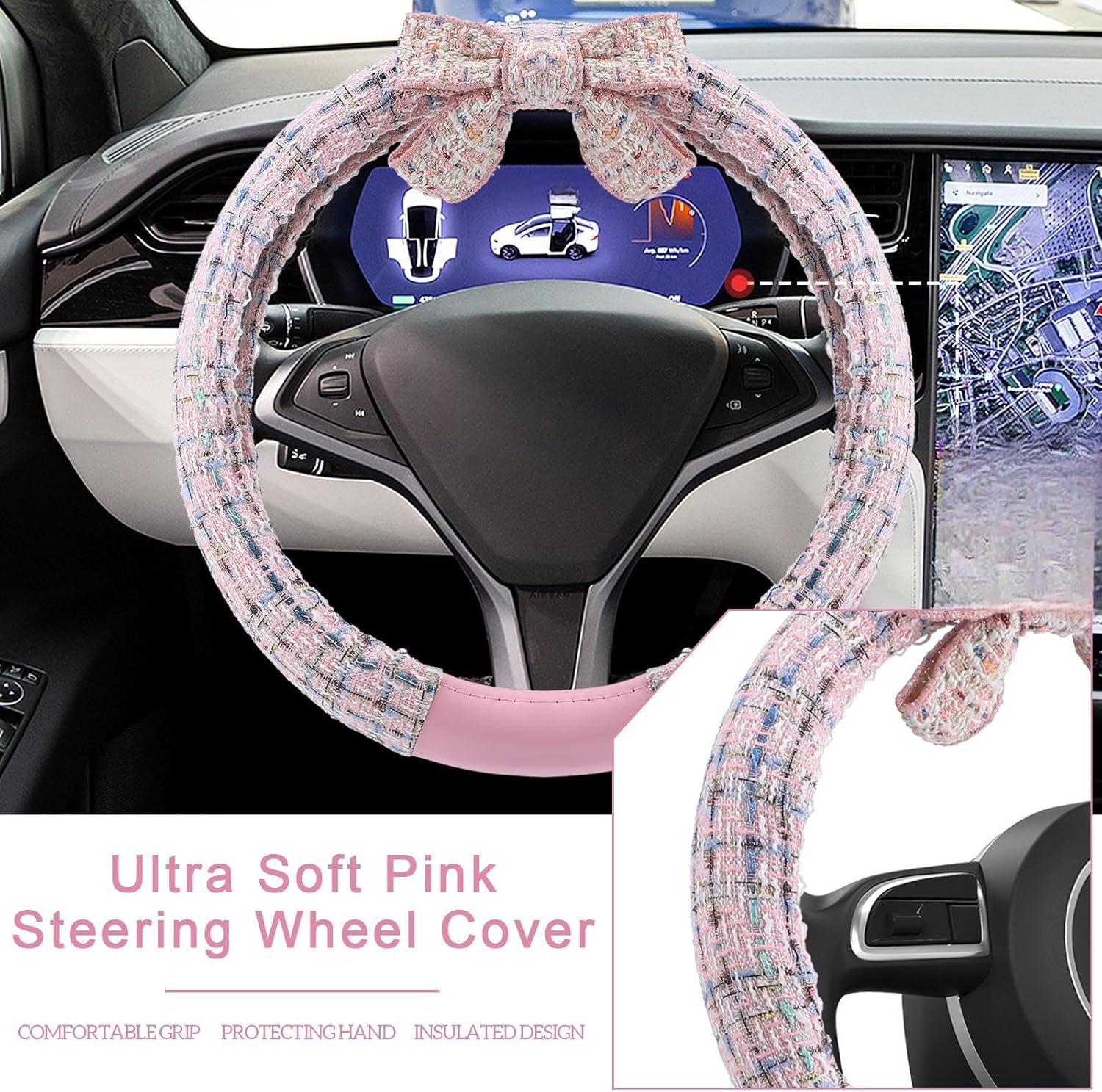 BBTO 42 Pcs Pink Bow Car Accessories Set for Women Pink Steering Wheel Cover Bow Hook Car Coaster Air Vent Clip Seat Belt Covers Diamond Rings Sticker Coquette Cute Gifts