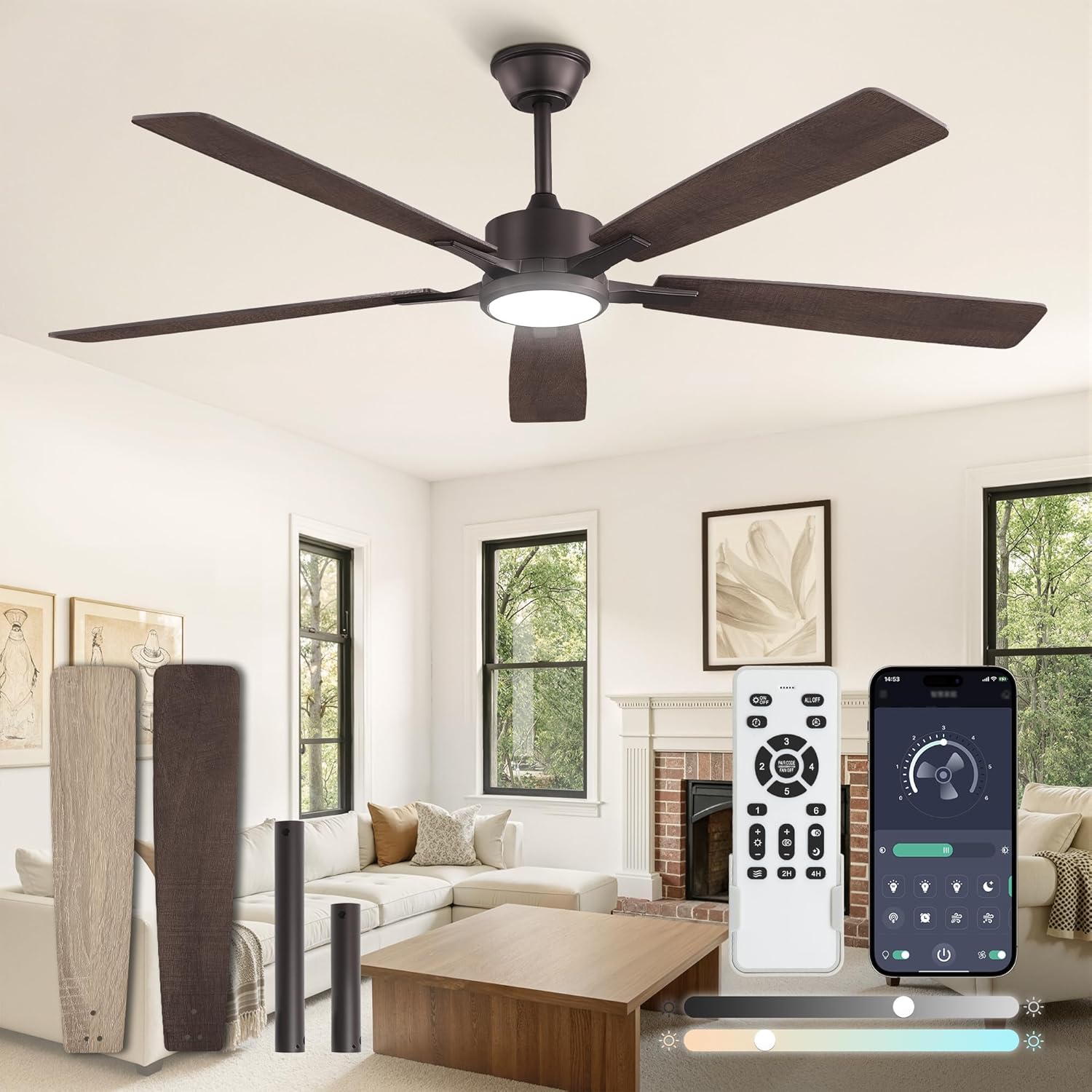 Fanbulous 60 Inch Ceiling Fans with Lights and Remote, Stepless Color Temperature Change & Dimmable 20W LED Ceiling Fan, 6 Speeds Reversible Quiet DC Motor for Bedroom, Living Room, Oil Bronze