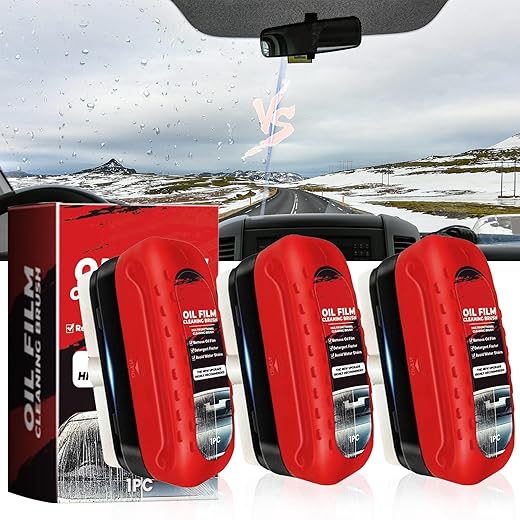 New 3-Pack Automotive Oil Film Cleaning Brush, Oil Film Remover for Car Windshield, Car Window Glass Cleaning Board, Universal Anti-Rain Fog Cleaning Glass Brush, Red