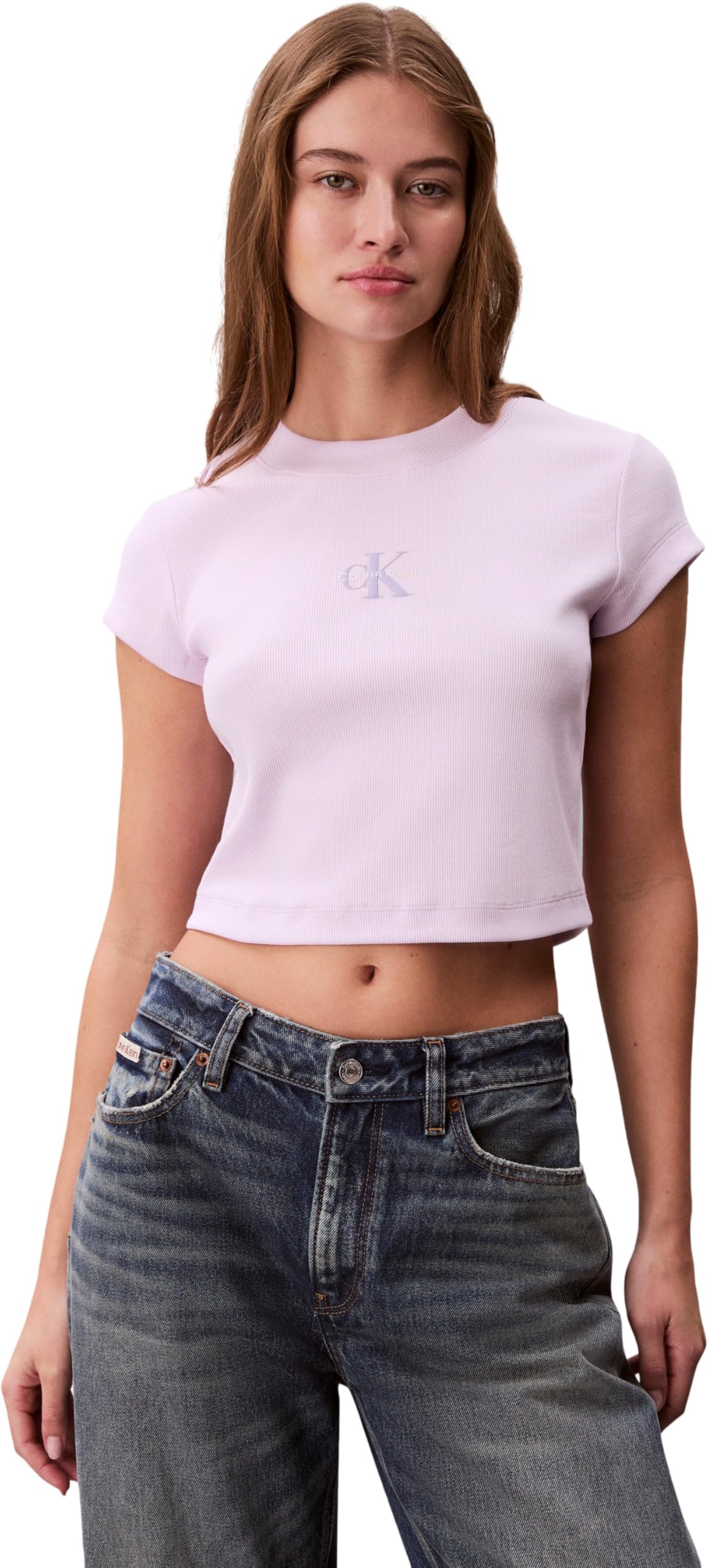 Calvin Klein Women's Monologo Baby Rib Tee LV047AB802 Tees, Multi, XS