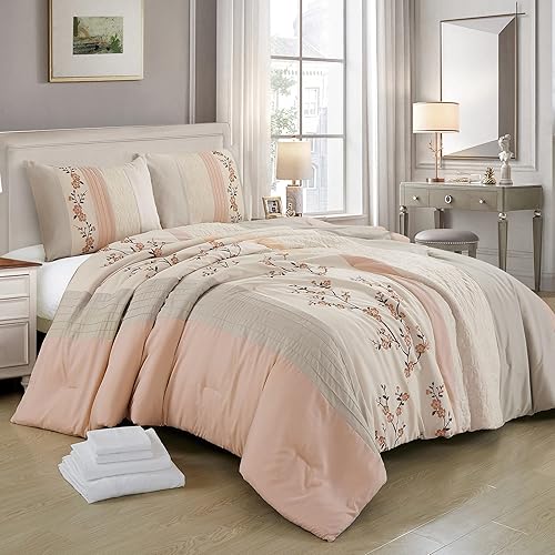 Miniatura 6 de Chezmoi Collection Everly California King Bed in a Bag - Juego de edredón de 7 piezas con bordado floral de cerezo gris pardo con sábanas para todas