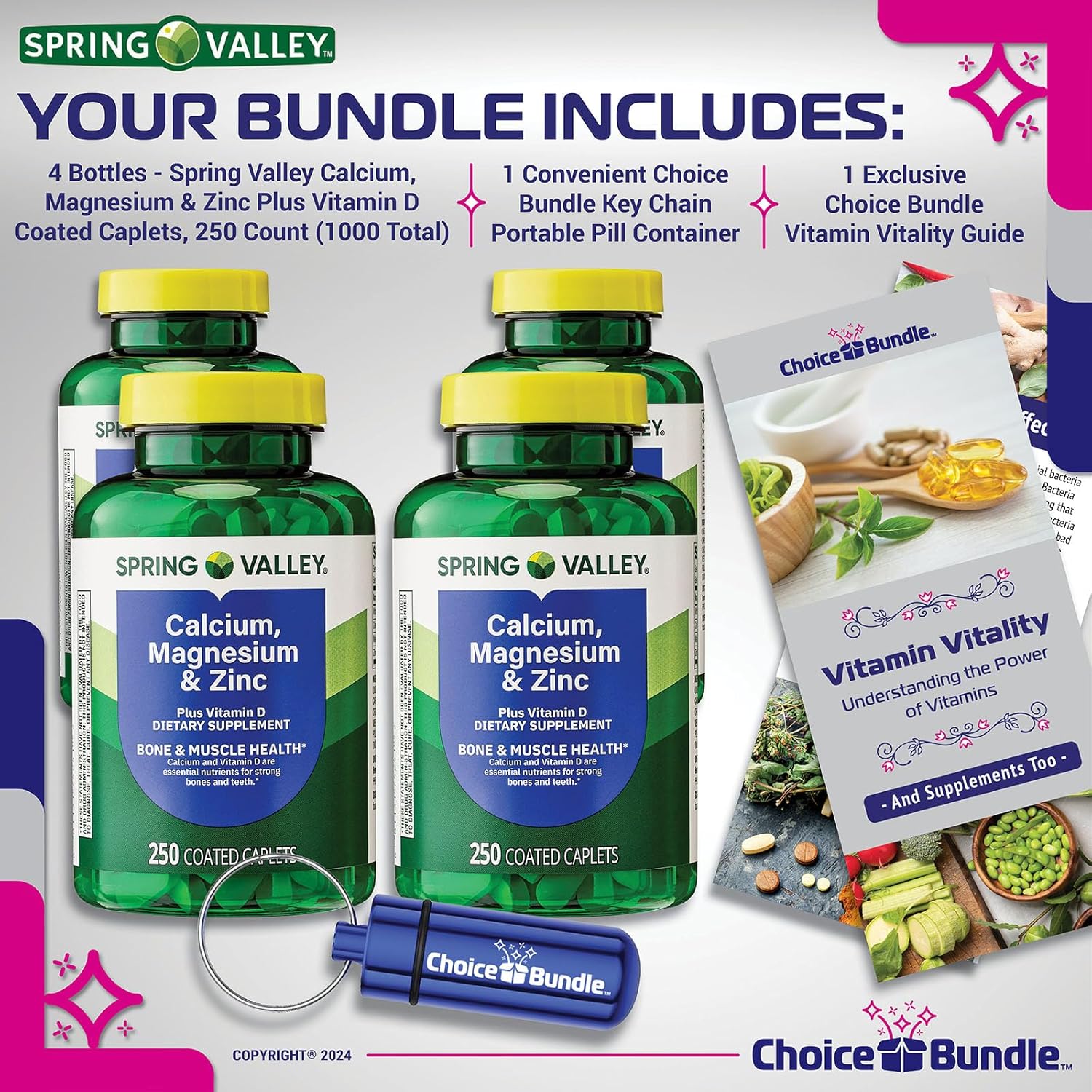 Spring Valley Calcium, Magnesium & Zinc Plus Vitamin D Coated Caplets 250 Ct 4 pk (1000 Total) + Vitamin Vitality & Pill Container (6 Items)!