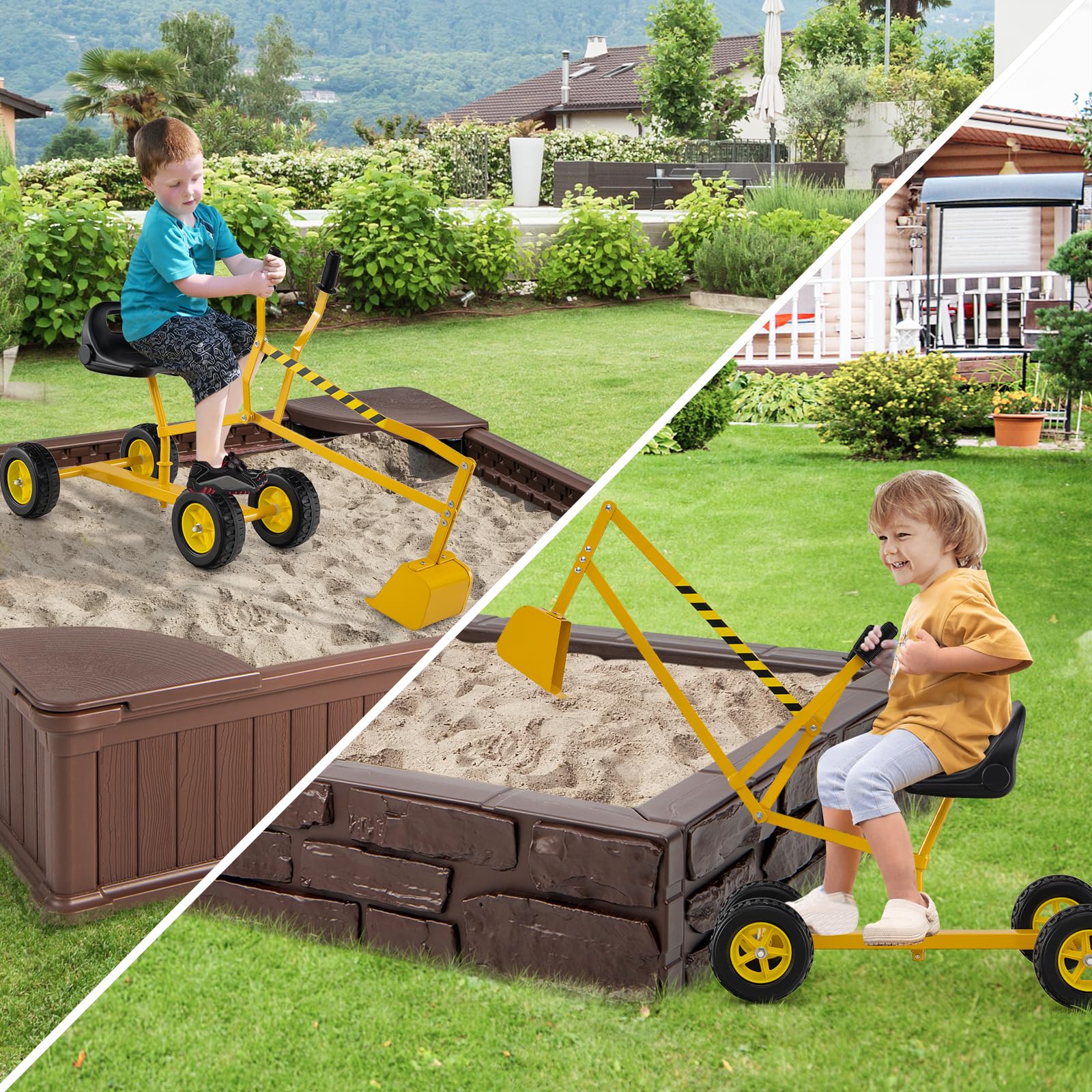 COSTWAY Escavatore per Bambini, Scavatore per Sabbiera con Comandi a 2 Mani e Pala Flessibile, Sedile Rotante a 360°, 4 Ruote, Ideale per Bambini 3 Anni+ (con Ruote Giallo)