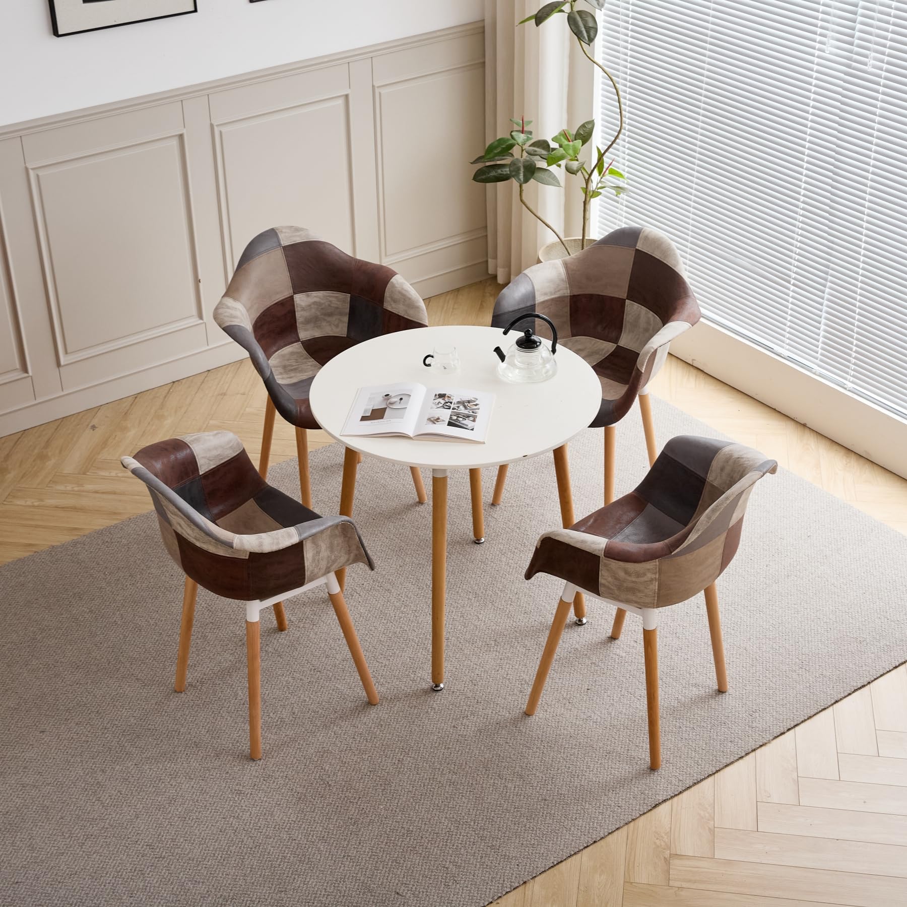 GrandCA HOME 4er-Set Esszimmerstühle, nordische Küchenstühle, gepolsterte Stühle mit Armlehne aus Patchwork-Stoff, Moderne Sessel mit Beinen aus Buchenholz, Braun+Grau