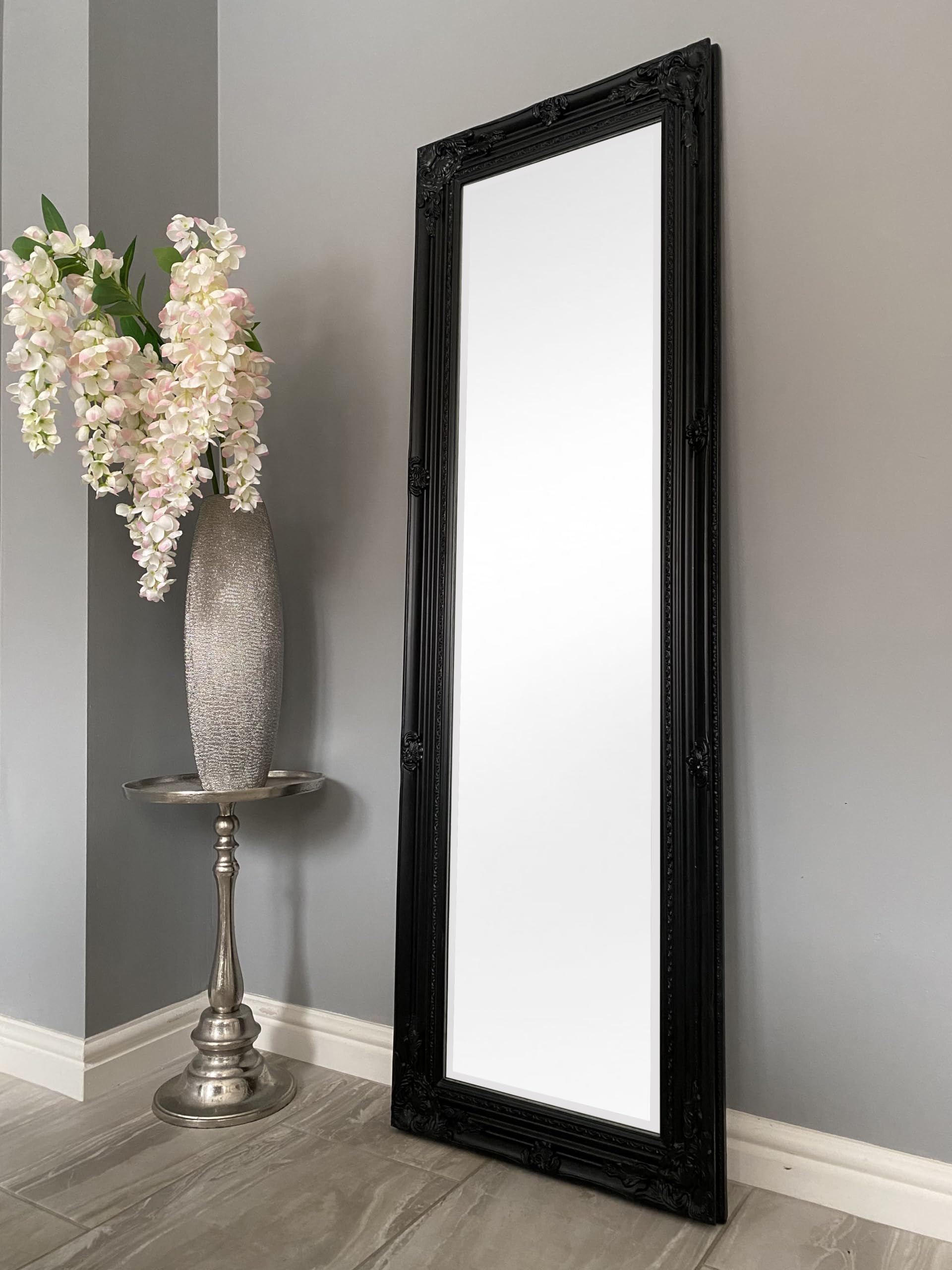 DOWNTON INTERIORS UK Tall Antique Style Ornate Dressing Wall Mirror - Silver Gold White Black Cream - Overall Size: 142 cm x 47 cm (56 x 18 inches) (Black)