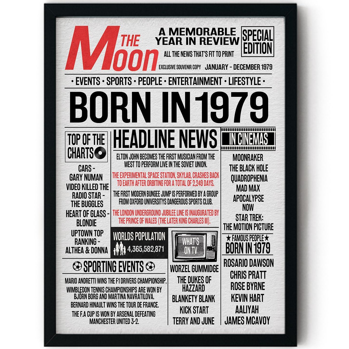 Stuff4 Men's 1979 47Th Birthday Poster Framed - Born In Newspaper - Happy 47Th Birthday Gifts For Wo Vintage Retro Back In 8X10 Inch Bday Party Decor Decoration