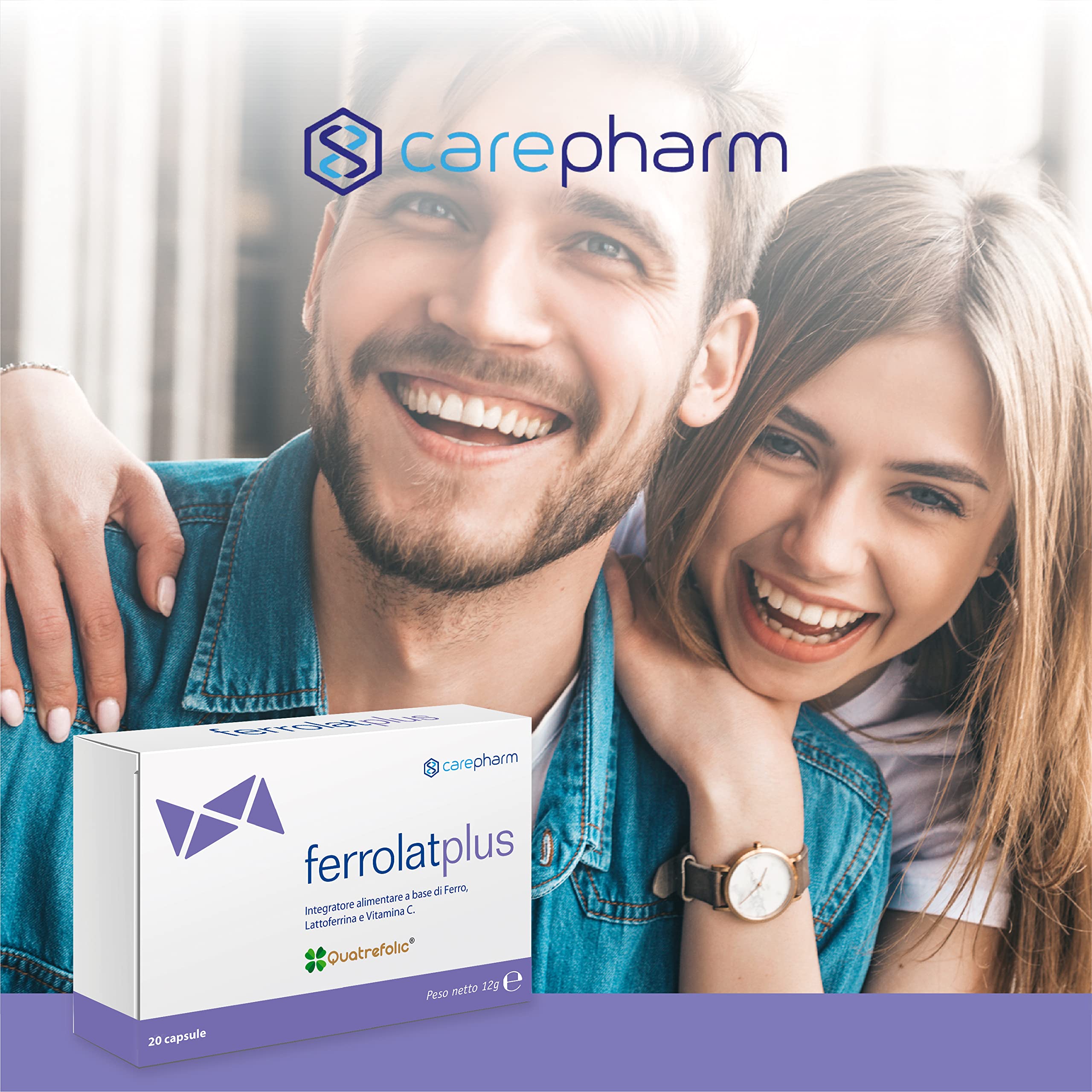 Carepharm, Ferrolat Plus, 20 Capsule di Integratore Alimentare a Base di Ferro, Lattoferrina, Folato e Vitamina C, Contribuiscono alla Normale Funzione del Sistema Immunitario, Senza Glutine, 12 g