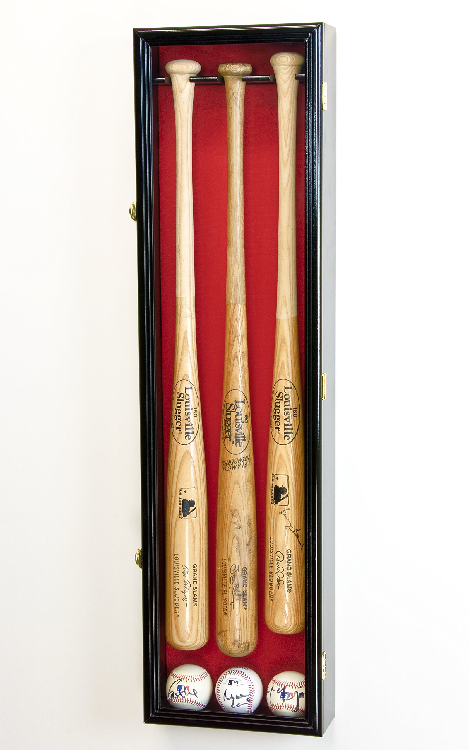3 Baseball Bat Display Case Cabinet Holder Wall Rack Custom Options 98% UV - Lockable (Black Wood Finish, Red Felt - Vertical Mounting)