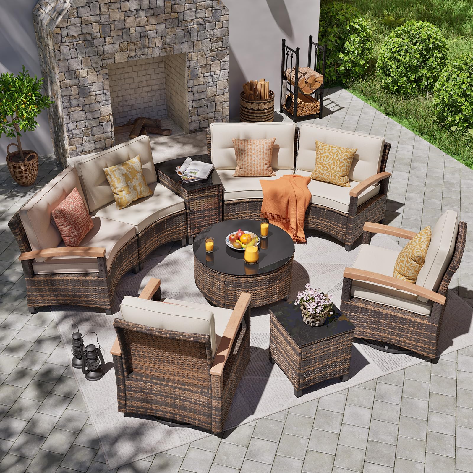 Half Moon Wicker Sofa Set MFSTUDIO Pieces Wicker Patio Furniture