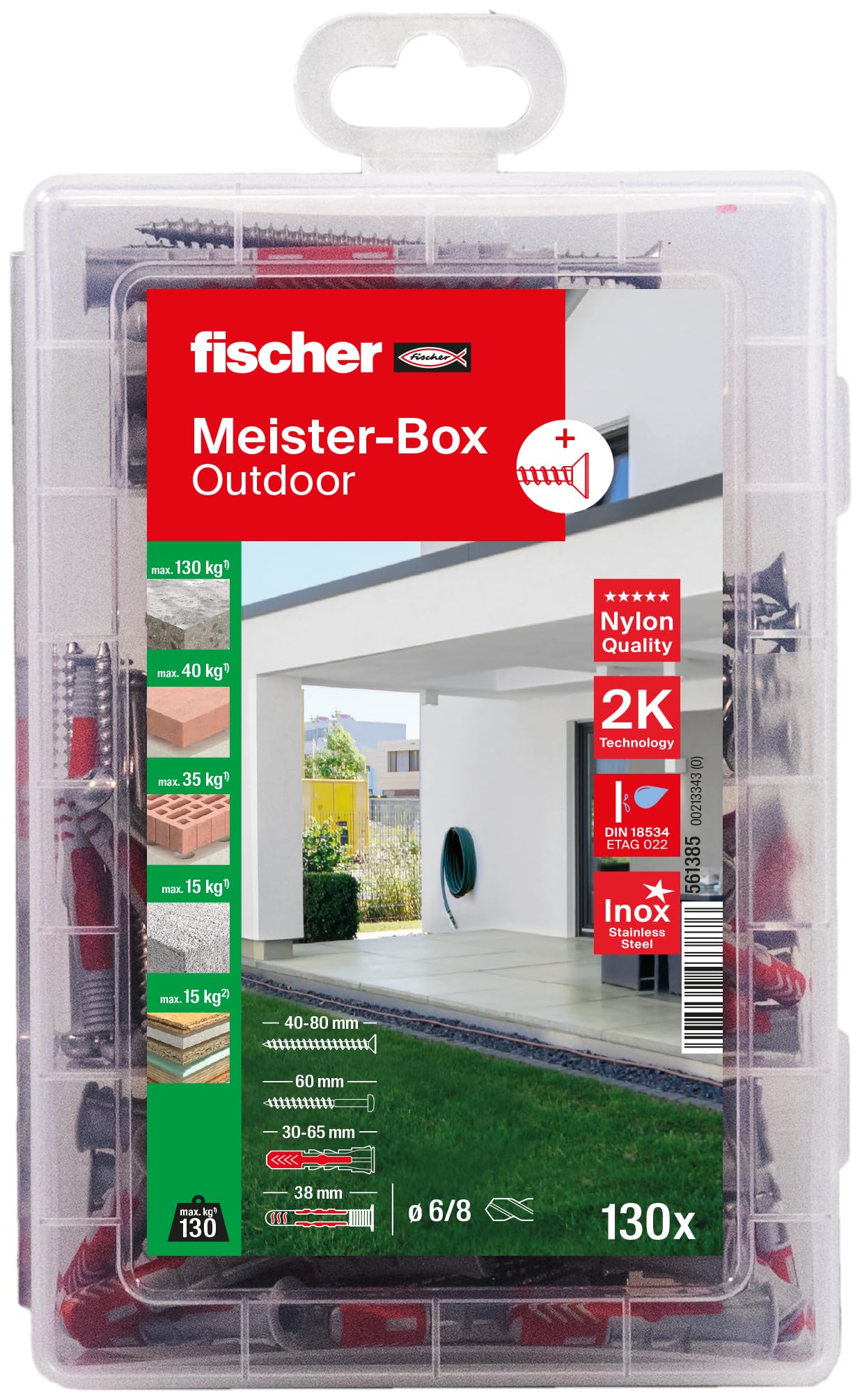 fischer Practical helper outdoor and wet room, dowel box, 130 pieces with stainless steel screws, DuoPower & DuoSeal dowels, universal set for fixings in wet rooms and outdoor areas