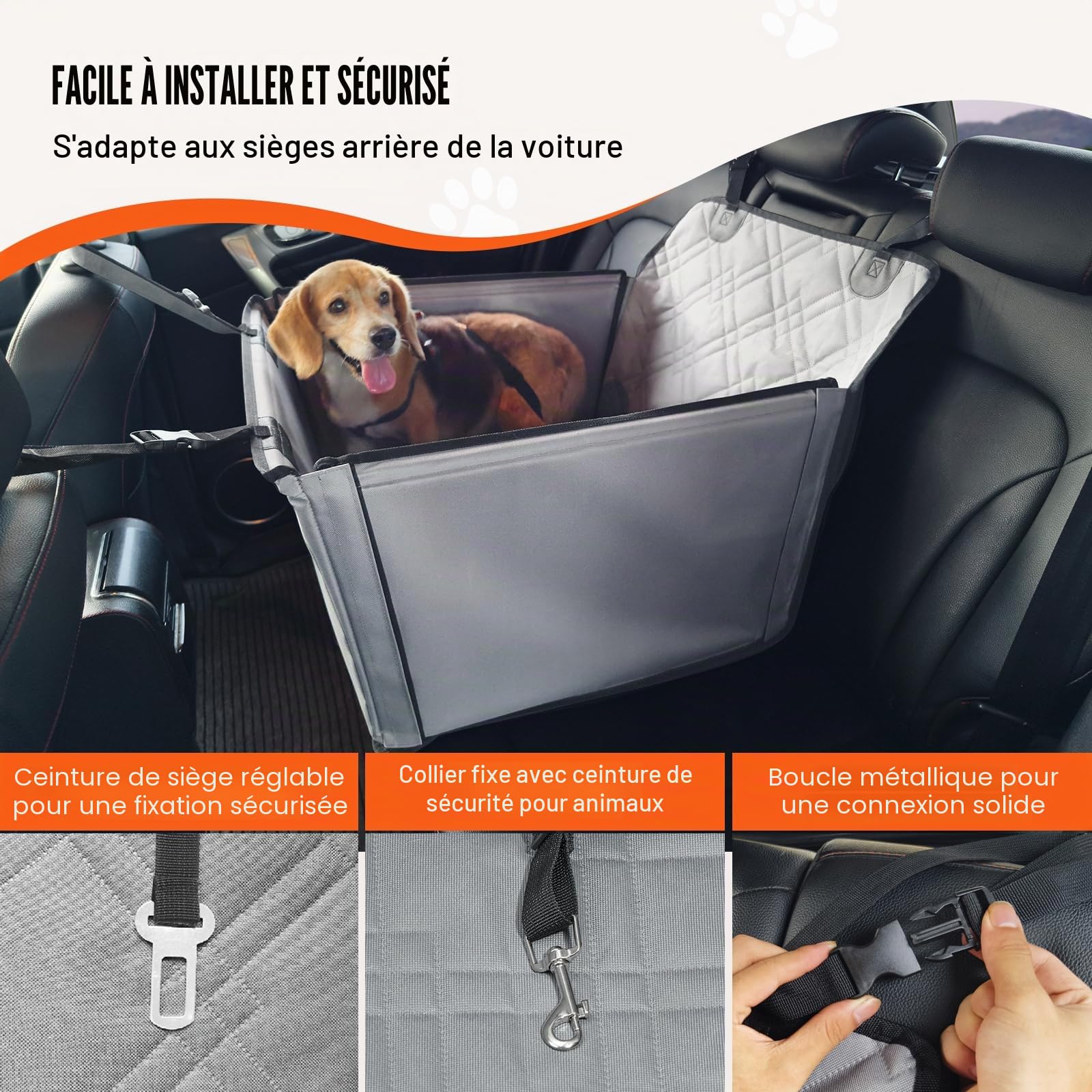 VEVOR Siège d'auto pour Chiens Petits Moyens Grands 18 kg, siège rehausseur imperméable pour Chien, avec Cadre de Support, Laisse de sécurité à Clipser, lit de Voiture pour Animal de Compagnie, Gris