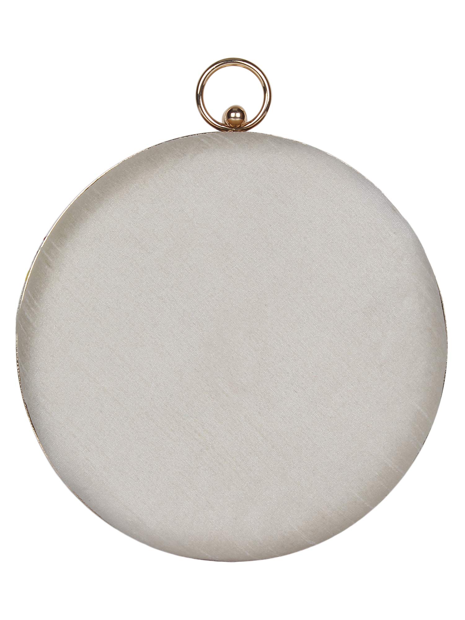 Anekaant Women's Faux Silk Kathak Multicolour Embroidered Round Clutch (White) 1