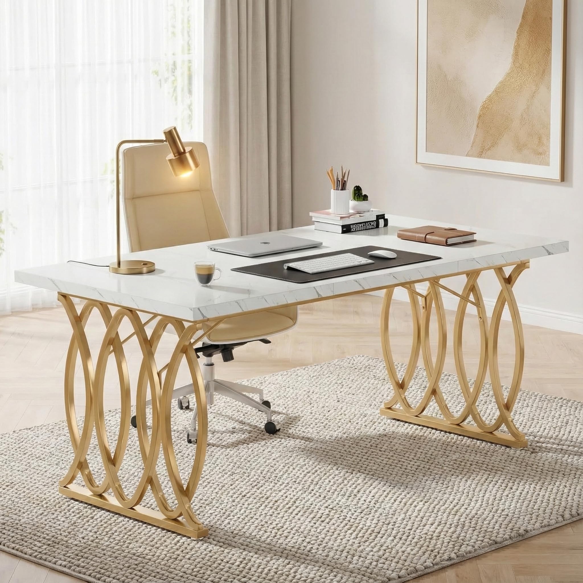 Lailang 160cm Scrivania Per Pc E Stampante, Tavolo Ufficio Riunioni, Mobili Ufficio Moderni, Scrivania Gaming Bianca, Arredamento Casa, Tavolo Legno, 160 x 80 x 75 cm, Oro