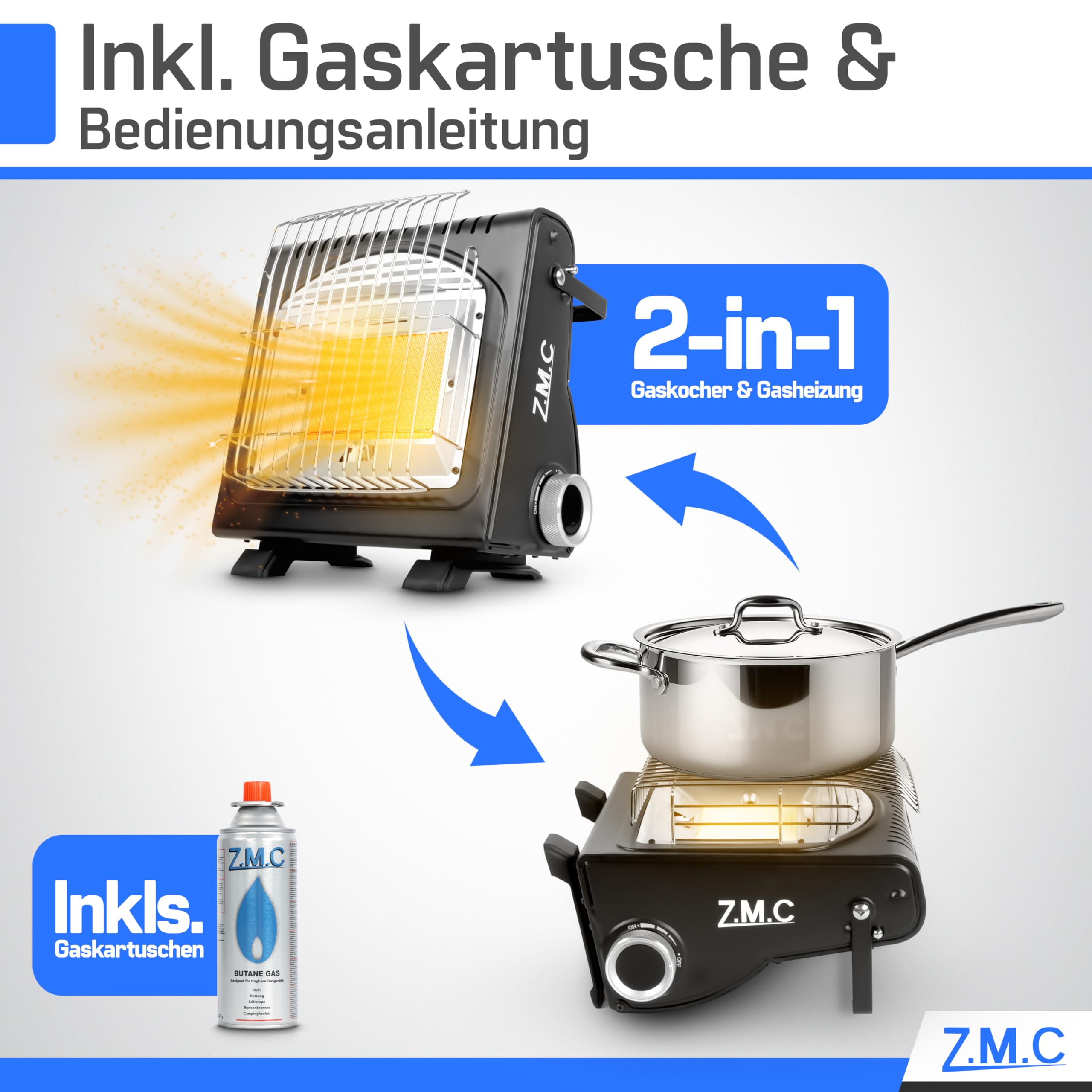 Z.M.C 2-in-1 Tragbare Gasheizung und Gaskocher + 8 Gaskartuschen 227g, Camping Heizung 1,7 kW, perfekte Wärmequelle ohne Strom, Gasheizer für Outdoor, Terrassen, mobile Heizstrahler mit Piezozündung