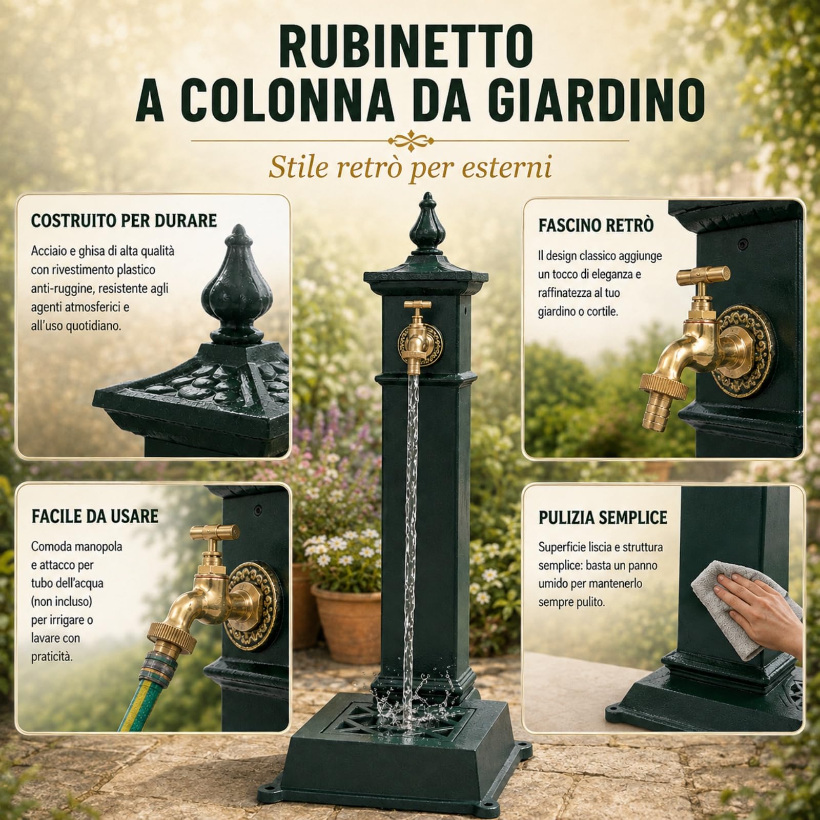 Fontanella da giardino in ghisa con rubinetto, colonna d'acqua retrò 73 cm | Rivestimento resistente alle intemperie, griglia removibile, ingresso inferiore, montaggio a pavimento, tubo non incluso