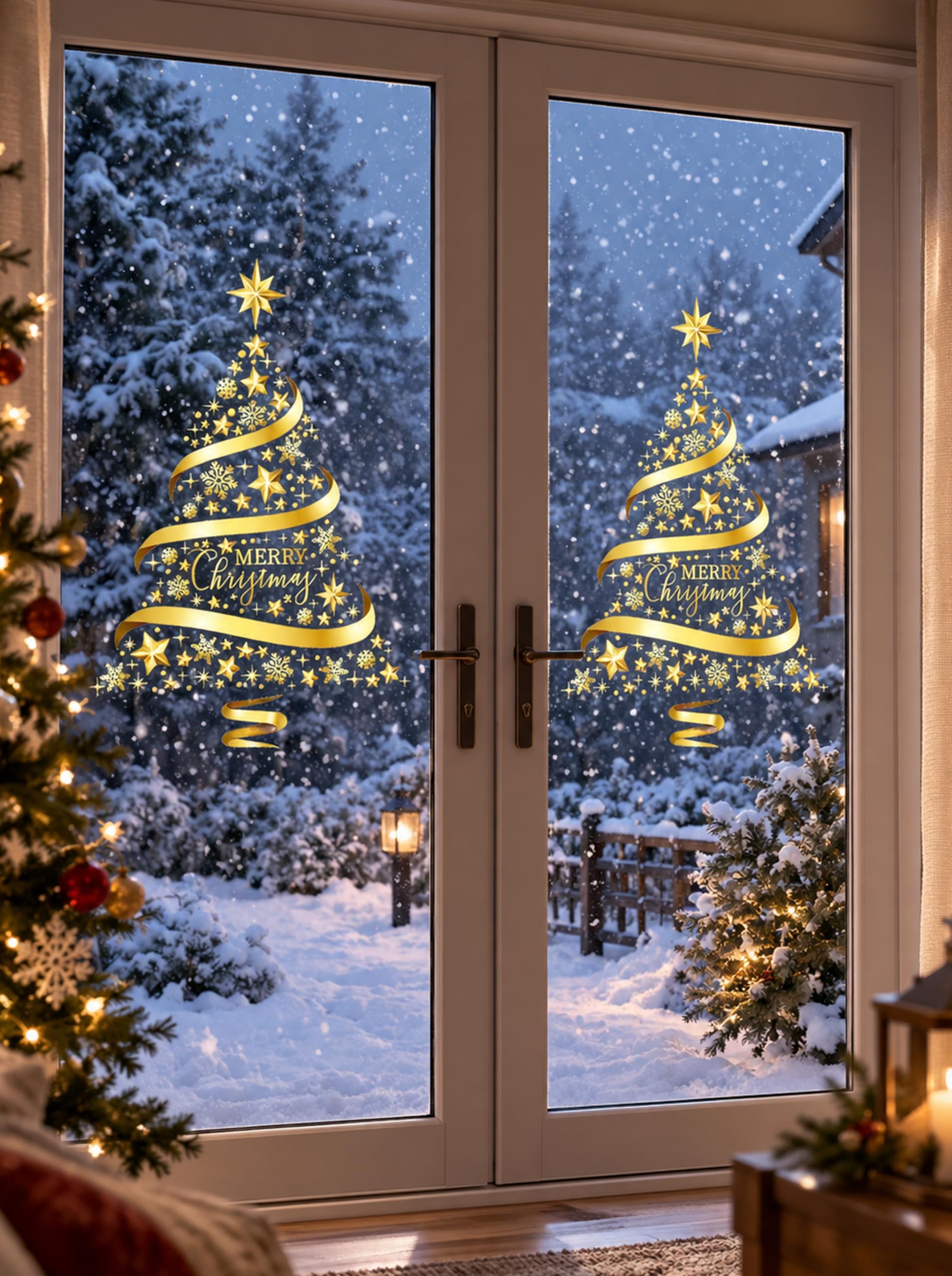 2 Pack Christmas Window Stickers Large Golden Christmas Tree Stickers