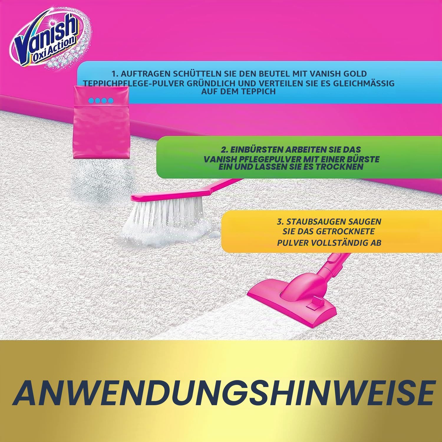 Vanish Carpet Cleaner + Upholstery, Gold Power Powder, Large Area Cleaning, 650 G