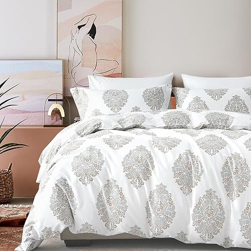 Vista 15 de PERHOM Funda de edredón azul Queen – Funda de edredón de damasco de cachemira tamaño Queen, juego de funda de edredón de 3 piezas, 100% algodón