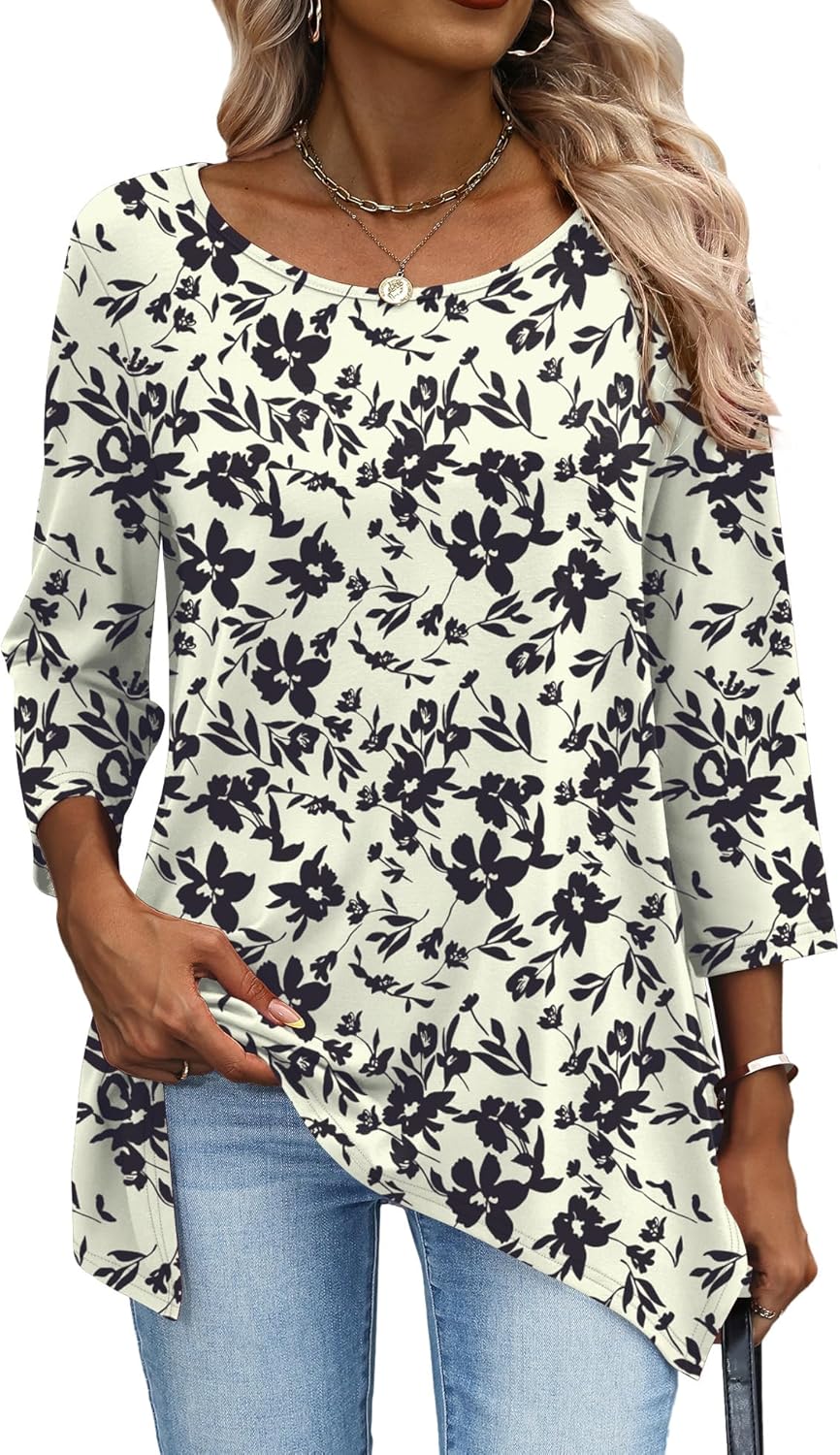 AKEWEI 3/4 Length Sleeve Womens Tunic Tops Loose Fit Blouses Dressy Casual Crew Neck Tees S-3XL - Image 2