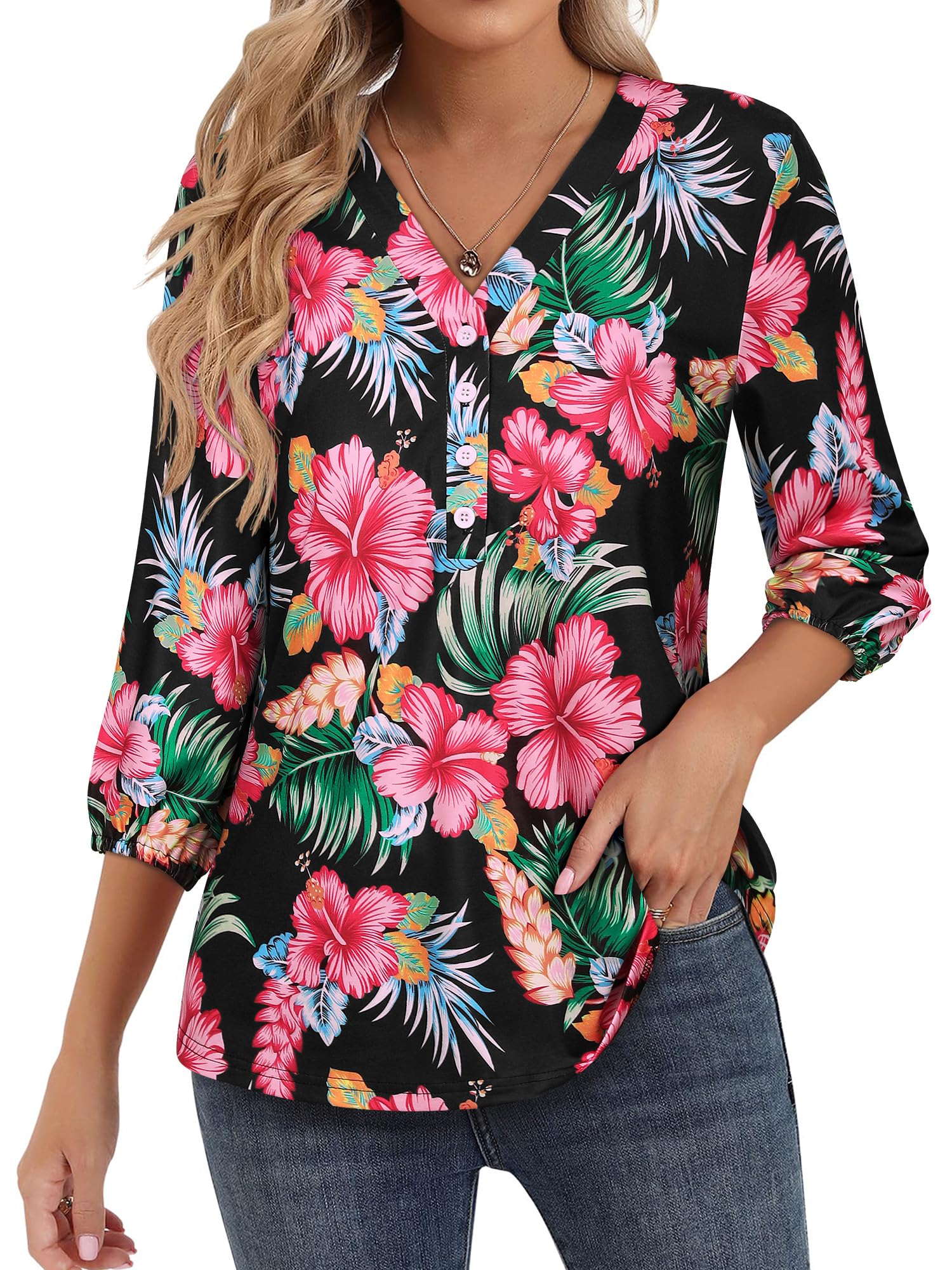 Womens 3/4 Sleeve Hawaiian Shirts V Neck Summer Floral Printed Shirt Casual Buttons Down Soft Tunic Tops