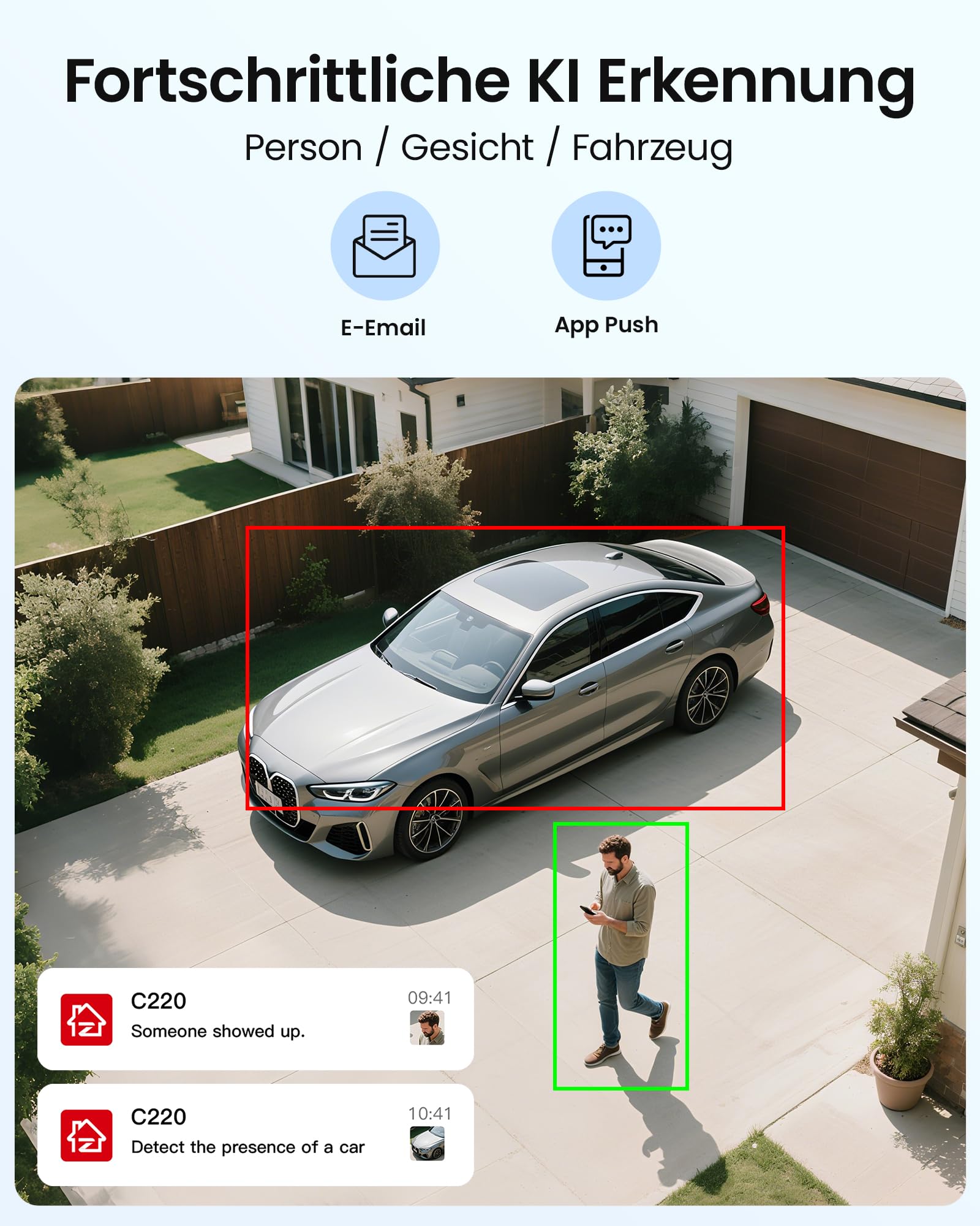 ZOSI 4K PoE Überwachungskamera Set Aussen, 4X 8MP IP Kameras mit 2-Wege-Audio, 8CH NVR 2TB HDD, Personen- und Fahrzeugerkennung, IR Nachtsicht, C220