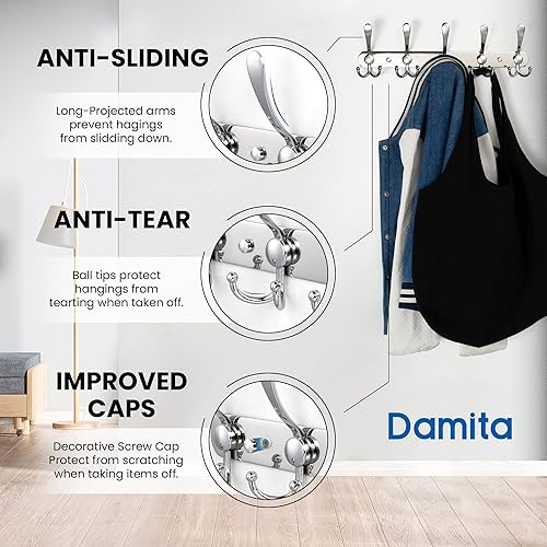 Miniatura 3 de Damita Perchero de pared  5 ganchos tri, ganchos resistentes para baño, vestíbulo, entrada, cocina, 304 acero inoxidable moderno perchero de pared