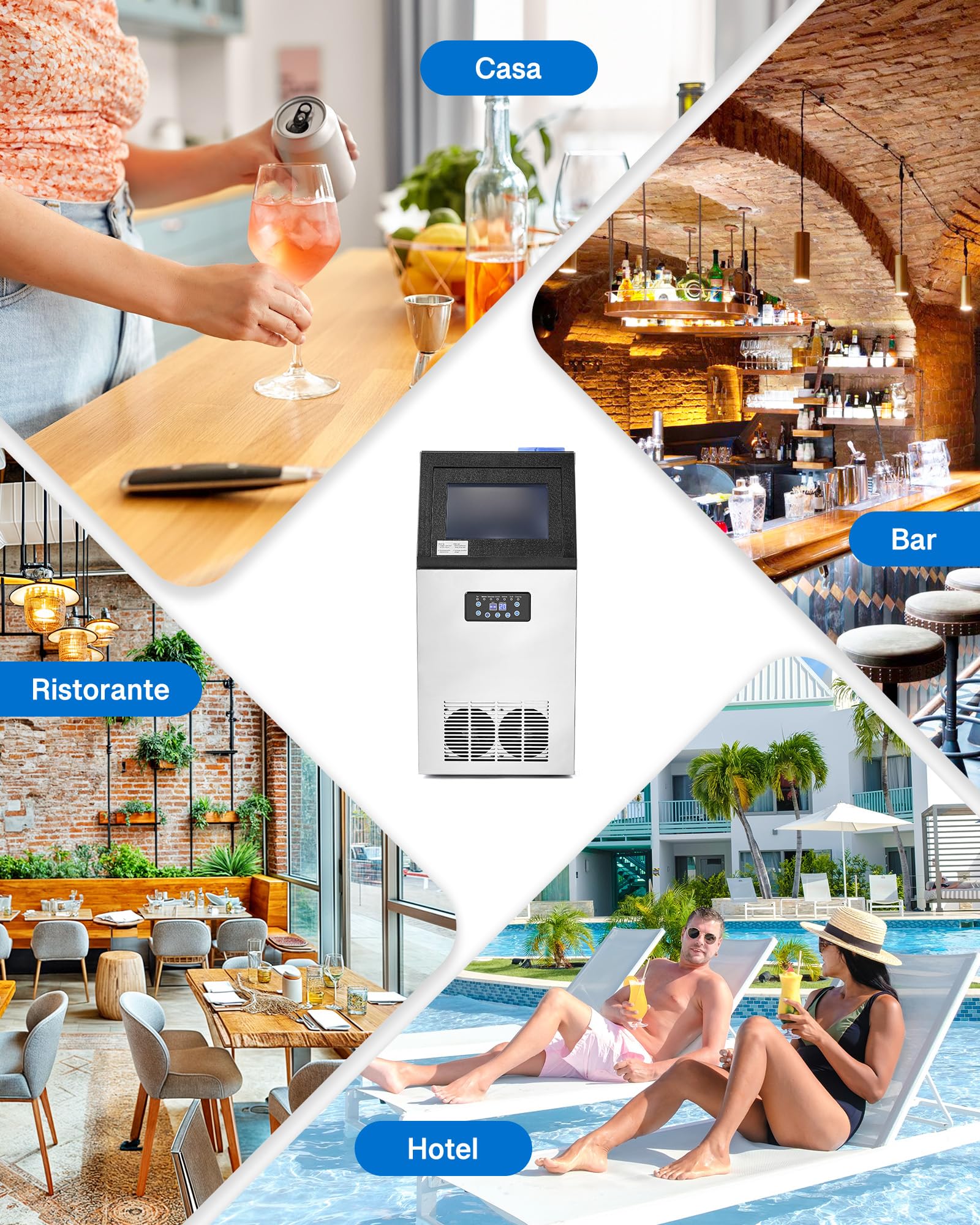CREWORKS Macchina Ghiaccio Professionale 59kg/24h Fabbricatore Ghiaccio con Schermo LCD Macchina Ghiaccio Autopulente Commerciale in Acciaio Inossidabile per Casa Ufficio Ristorante Bar