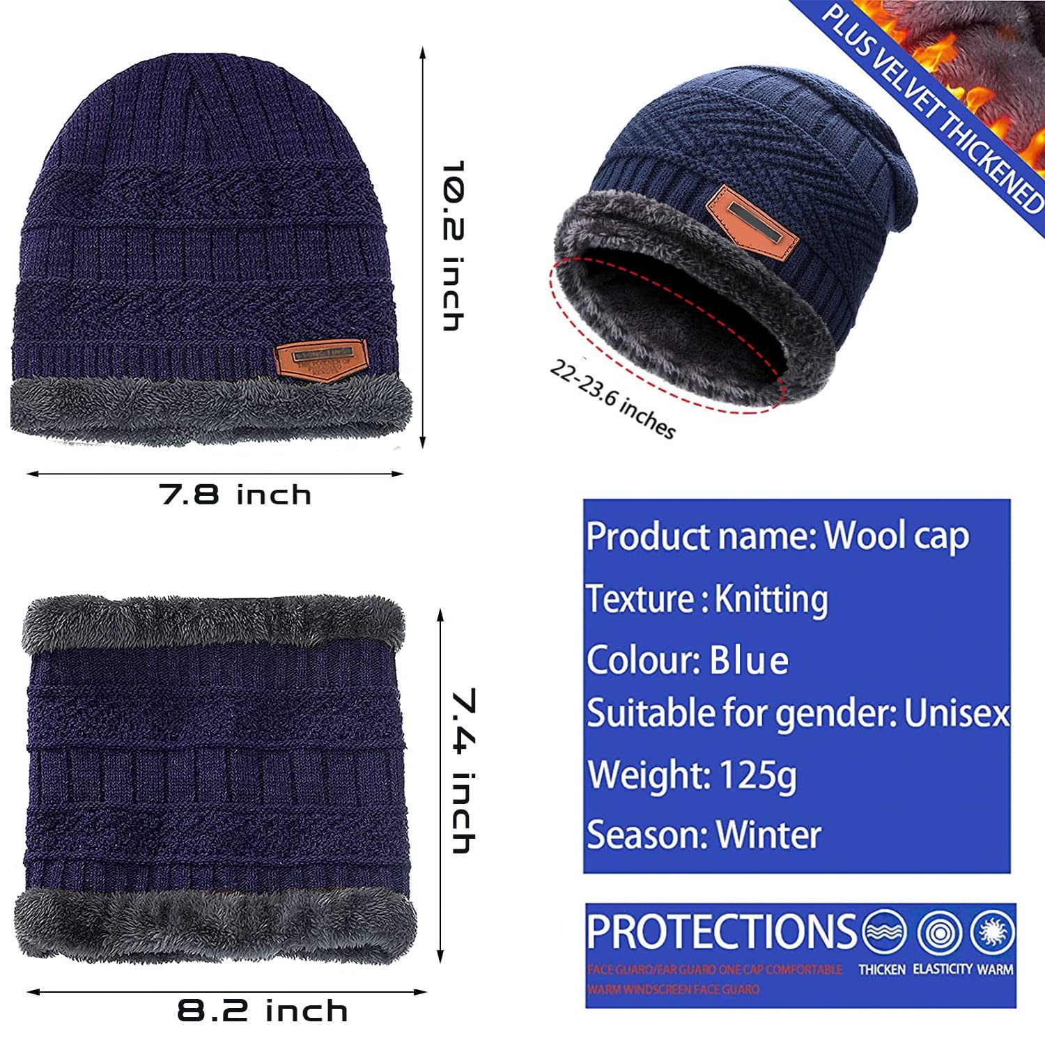 Wearslim Wool Premium Warm Casual Style Knit Hats, Skull Cap With Neck Warmer Winter Wear Beanie Hats Scarf Set For Men And Women - Blue, One Size 3
