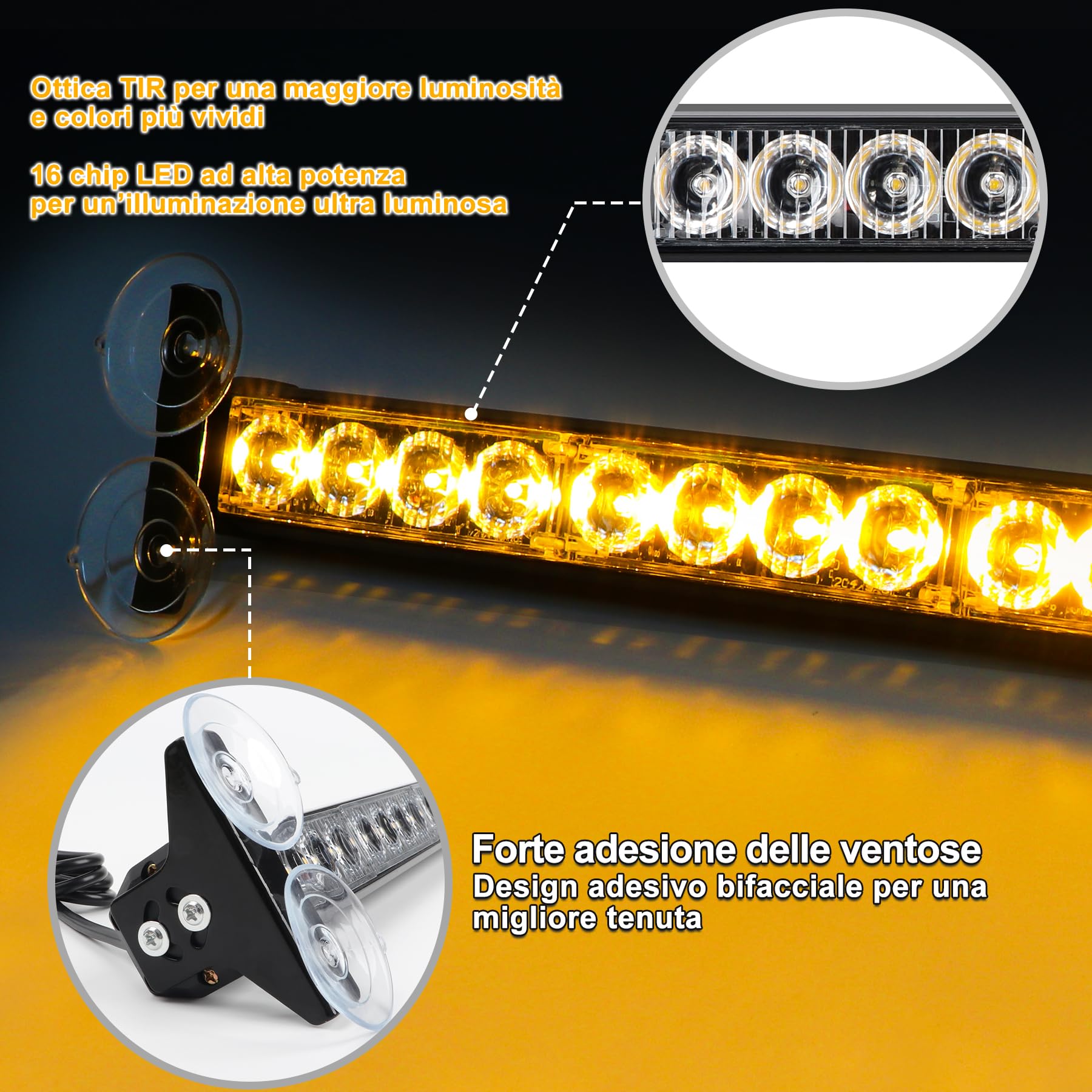 Barra LED Stroboscopica 2x42,6CM 12V/24V Luce Emergenza 2 in 1 32 LED 23 Modalità Flash Ambra IP66 Camion Veicolo Cantiere Sicurezza Stradale