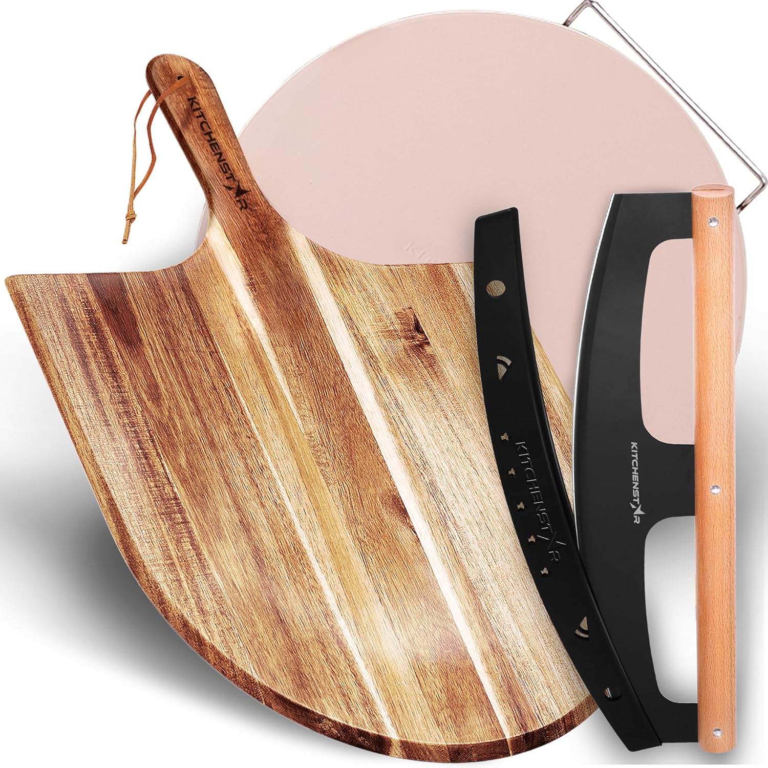 KitchenStar Pizza Cutter Rocker Blade 16" Black + Wooden Pizza Peel 16" + Pizza Stone for Oven and Grill 16" with Handles - Pizza Making Bundle