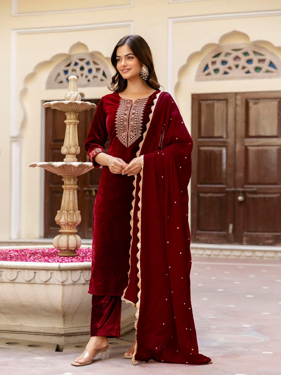 TRENDMALLS Women's Velvet Embroidery Salwar Suit Set Kurta Pant with Dupatta Kurta Set for Women