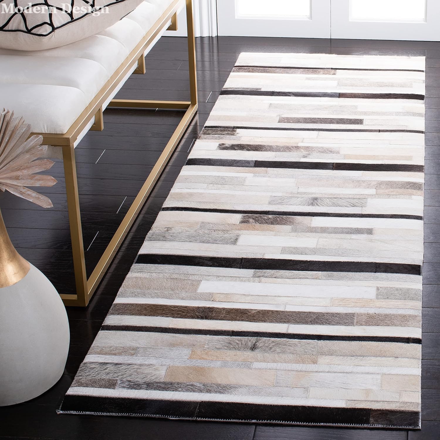 Modern Design Premium Leather Mosaic Area Rug, Geometric Pattern, Natural Multi Grey (Grey/Beige/Ivory, 3x12)