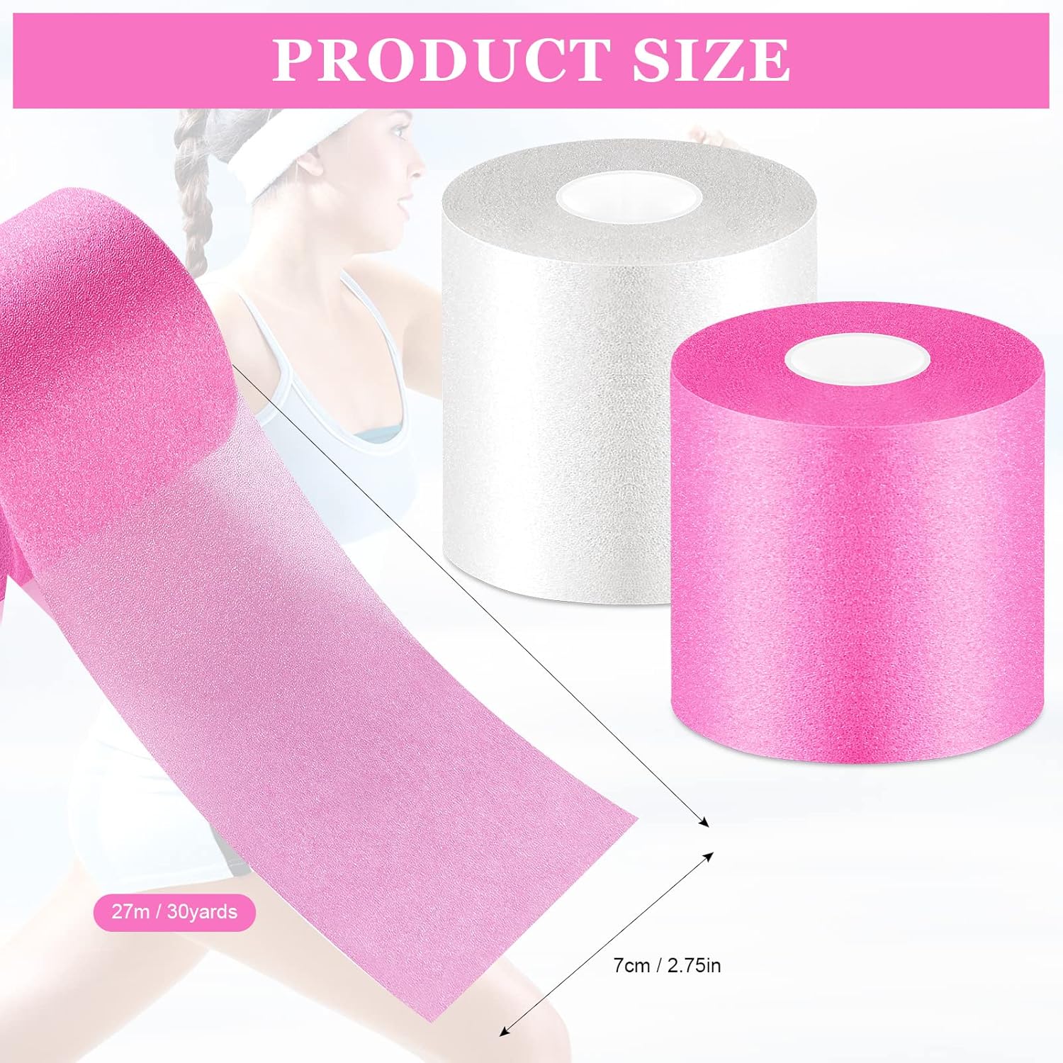 2 Rolls Prewrap Athletic Tape Foam Underwrap Tape Sports Foam Underwrap Bandage for Hair Wrists Elbows Knees Ankles, 2.75 Inches x 30 Yards(Pink, White)