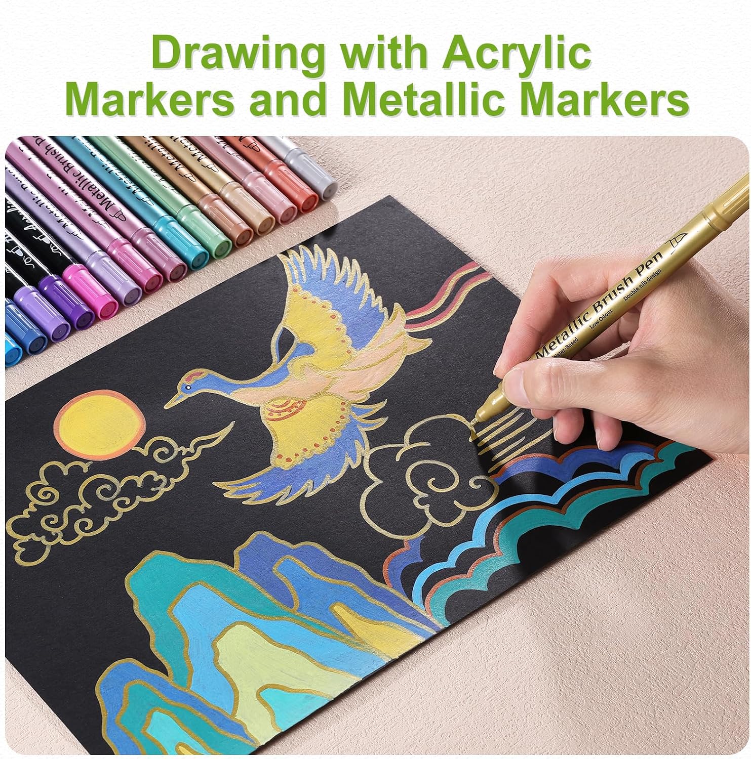 nauets 48 Pack Metallic & Acrylic Paint Markers Set - 24 Colors Acrylic + 24 Metallic Markers, Dual Tip Paint Pens with Brush/Fine Tip for Paper, Rock, Wood, Canvas, Glass, Ceramic DIY Crafts