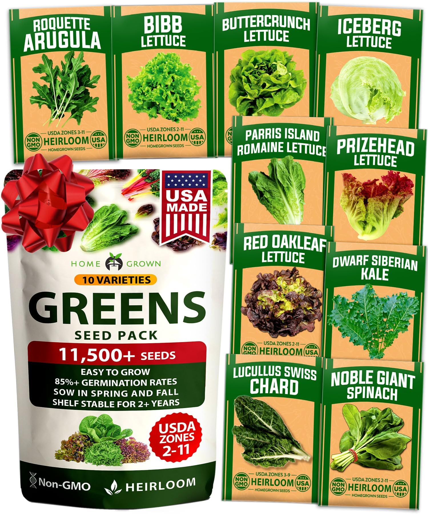 HOME GROWN 11,500+ Heirloom Lettuce Seeds - 10 Varieties Including Romaine, Buttercrunch, Iceberg, Kale & Spinach - Non-GMO USA Seeds for Planting Indoor, Outdoor & Hydroponic Gardens