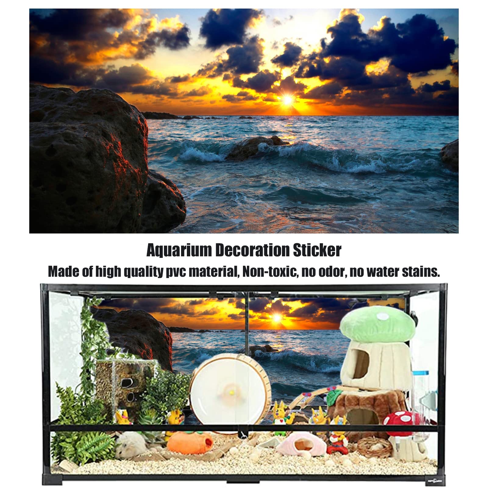 NIMOSA Autocollant de fond pour aquarium - Poster sous-marin en PVC autocollant - Océan coucher de soleil - Papier peint décoratif pour aquarium - Images de fond sous-marin - Image décorative, 122 x