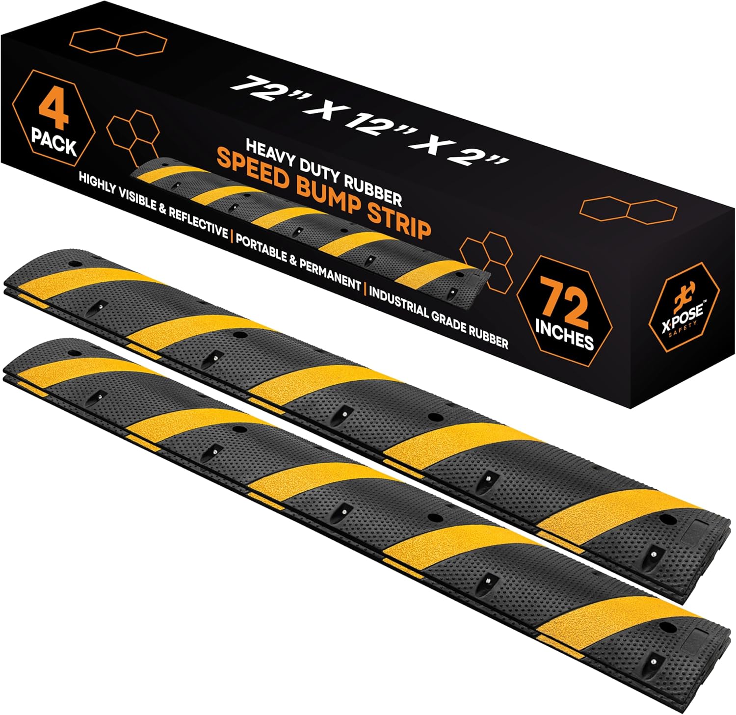 Xpose Safety 6 Ft Rubber Speed Bump (8 Pack) – Heavy Duty 22,000 lbs Capacity, Modular Interlocking Traffic Hump for Speed Control, Driveways, Roads, Parking Lots, Ramps, and Outdoor Safety