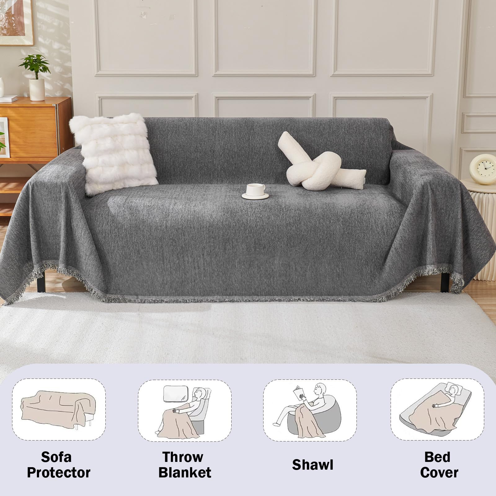 Royhom Chenille Sofa Covers 3 Seater, Corner Sofa Cover L Shape, Washable Couch Cover with Tassel - Image 2