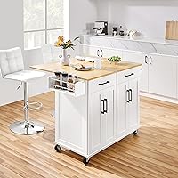 Yaheetech 49" White Kitchen Island Cart with Drop Leaf, Rubberwood Top, Storage Drawer, Towel Bar & Spice Rack - Rolling Mobile Trolley