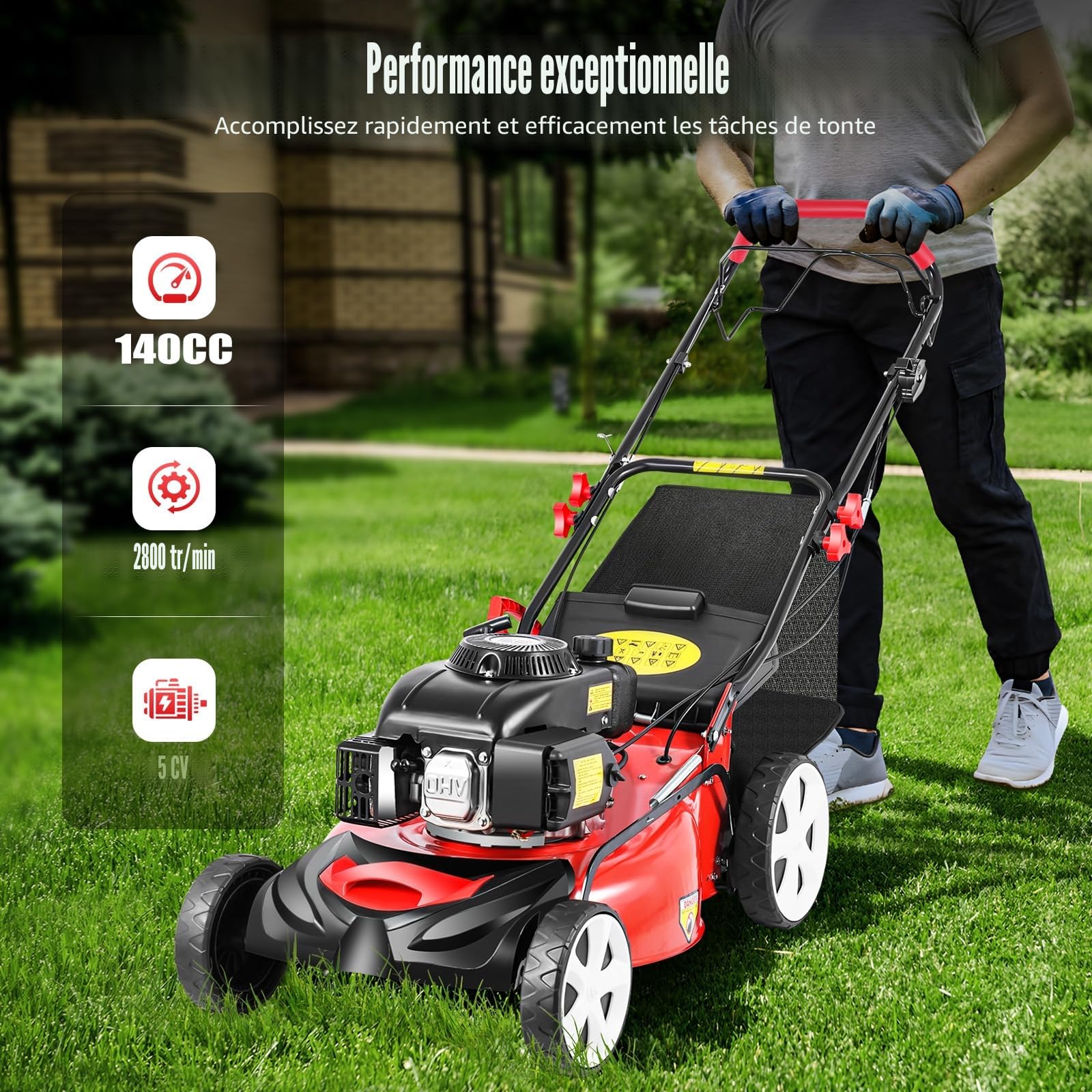 Tondeuse à gazon essence, entraînement de roue, fonction mulching, moteur puissant 5 CV 140 cc, 51 cm de largeur de coupe, panier 60 l