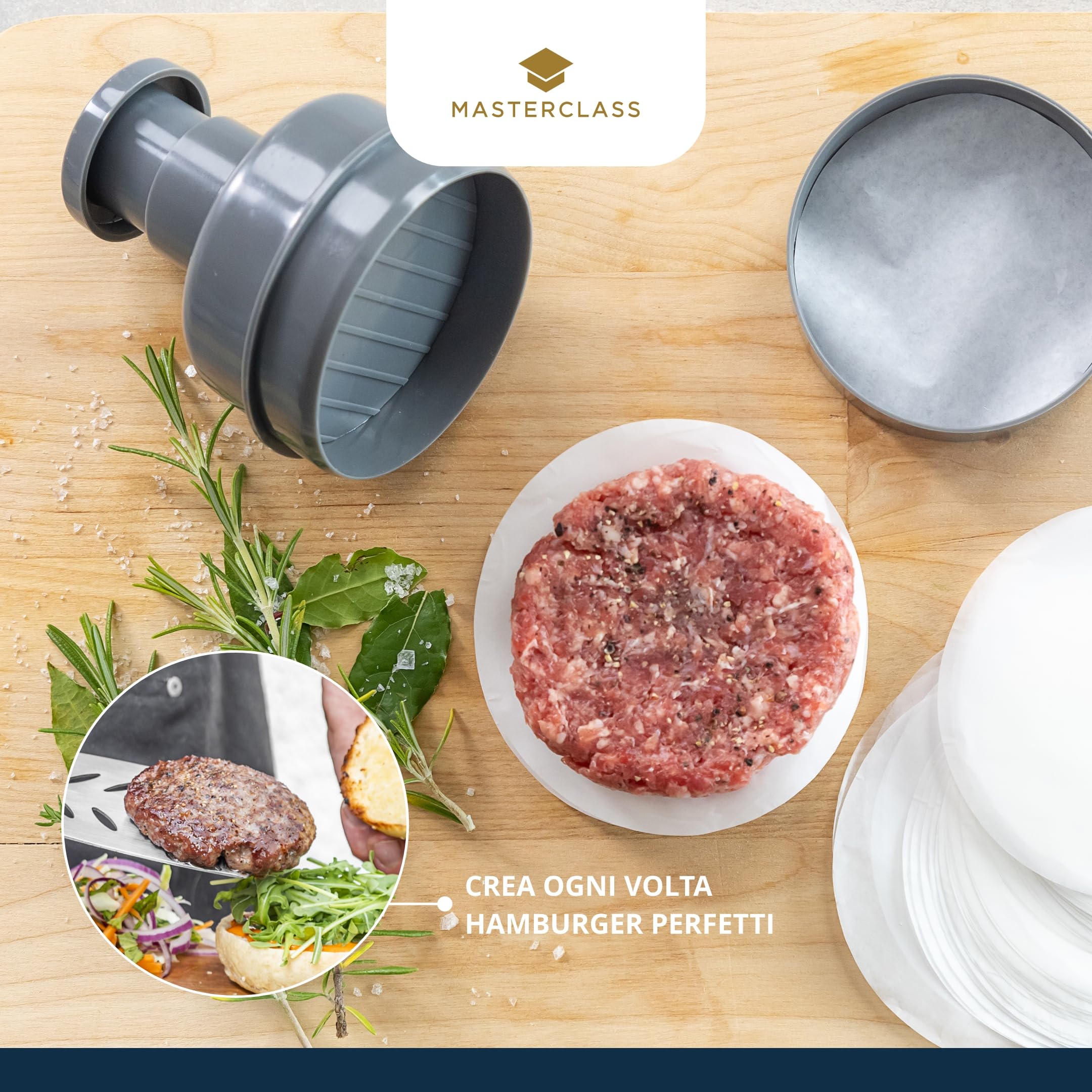MasterClass Pressa per hamburger, stampo per hamburger fatti in casa, kit antiaderente con stampo per hamburger, 100 dischi di cera e ricettario