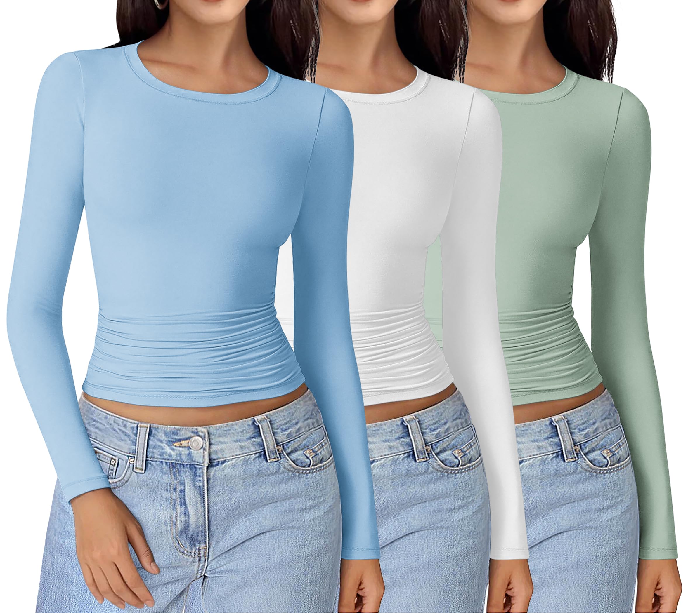 Ekouaer Koszulka z długim rękawem damska basic, koszulka termiczna Longseelve Slim Fit, okrągły dekolt, podkoszulek z długim rękawem