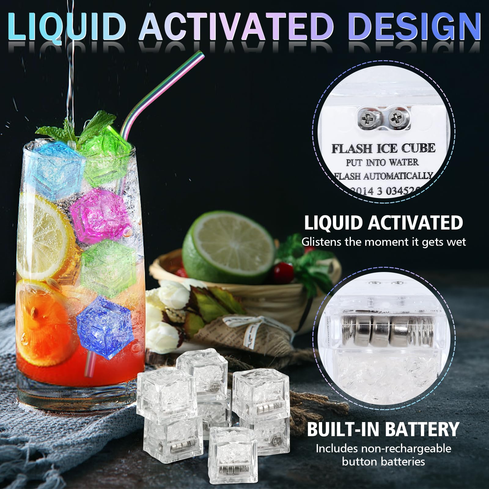 Paquete de 40 cubitos de hielo iluminados para bebidas, cubitos de hielo LED activados por líquido con 5 popotes, reutilizables, de grado alimenticio, multicolor para bares, clubes, bodas